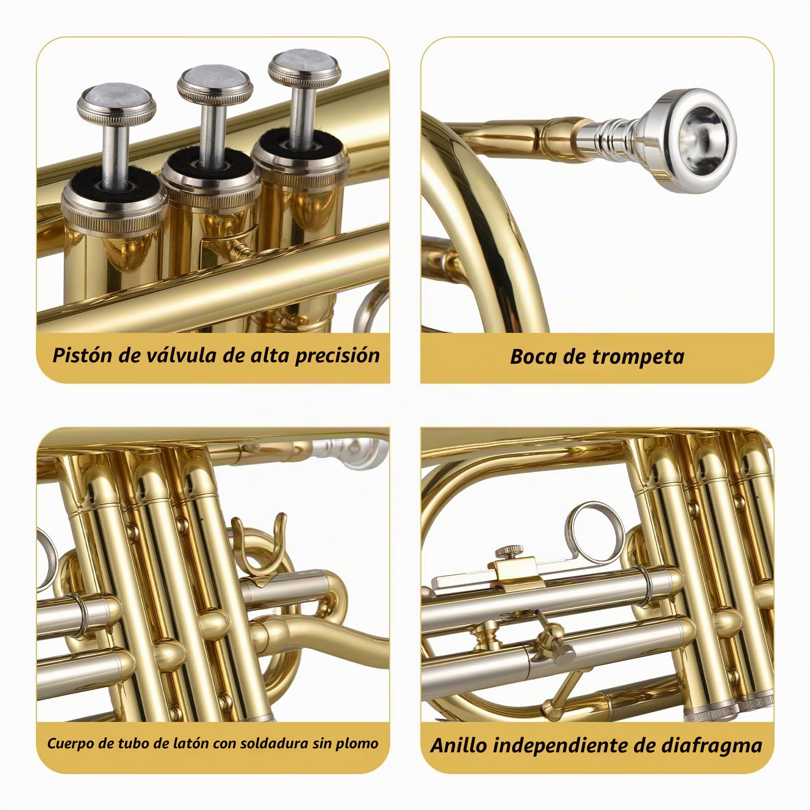 Btuty Bb Cornet, Corneta Profesional de Latón Importado con Boquilla/Estuche de Transporte Protector Ligero/Guantes/Cepillos de Paño, Trompeta para Principiantes, Campana de 4.75" / 12 cm, Oro/Plata
