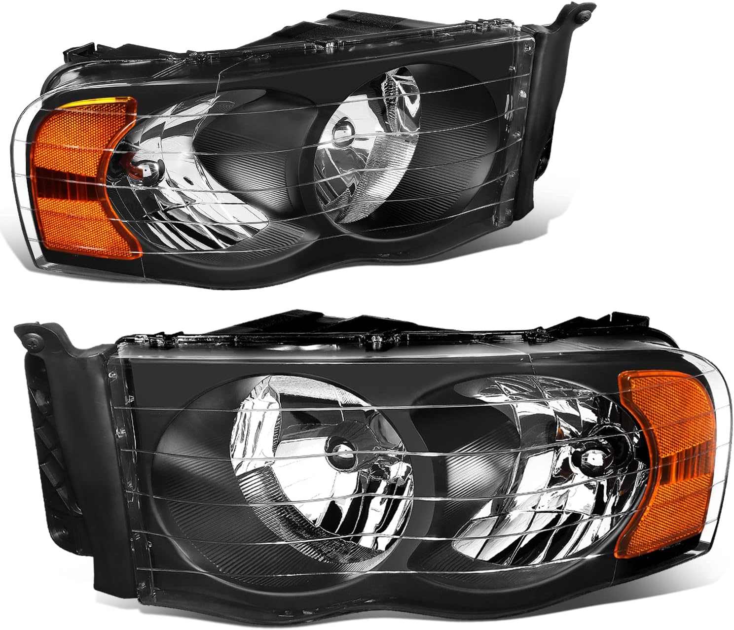 DNA MOTORING Pair Headlights Compatible with 02-05 Dodge Ram 1500 2500 3500, Left & Right, Black Housing Clear Corner, HL-OH-DR02-BK-CL1