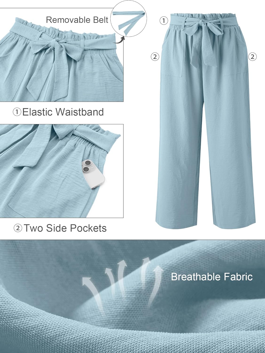 AusLook Women's Plus Size Wide Leg Lounge Pants with Pockets High Waisted Palazzo Adjustable Tie Knot Flowy Trousers - Image 2