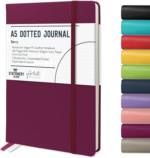 STATIONERY ISLAND Bullet Dotted Journals A5 Dot Notebook Berry Red Hardcover with Thick Premium 120gsm Paper 180 Pages, Elastic Banded - for Planning, Study, Travel, Drawing, Sketching and Projects