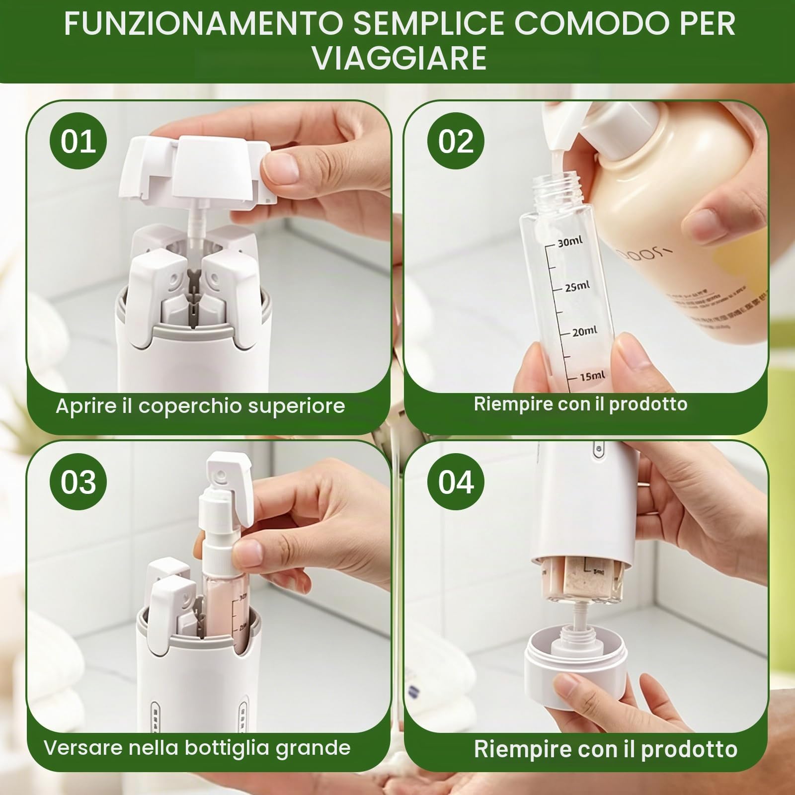 Set di 4 flaconi dispenser da viaggio, Flacone da Viaggio 4 in 1, Ricaricabili Flaconi da Viaggio per Shampoo, contenitori da viaggio portatili per shampoo, lozione, balsamo e crema (Verde)