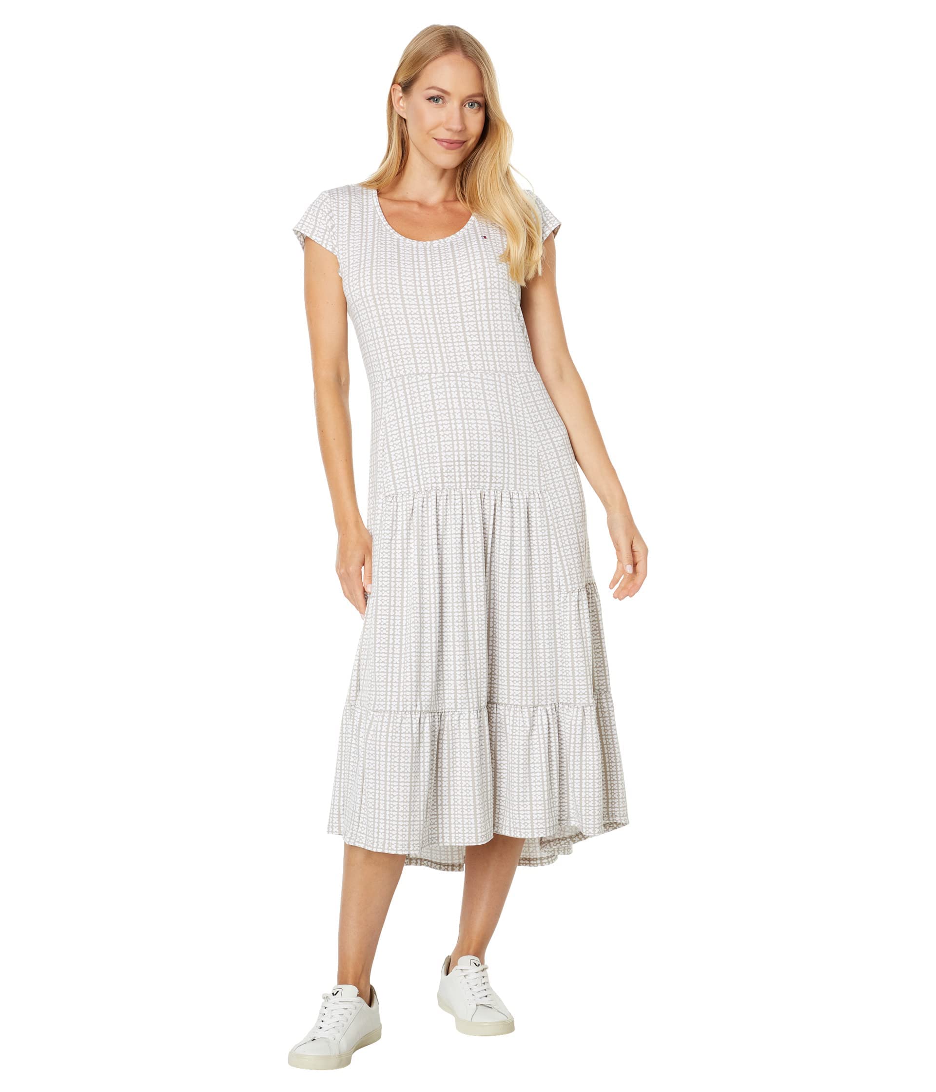 Tommy Hilfiger Women's Tiered Stripe Midi Dress, Khaki Multi, M