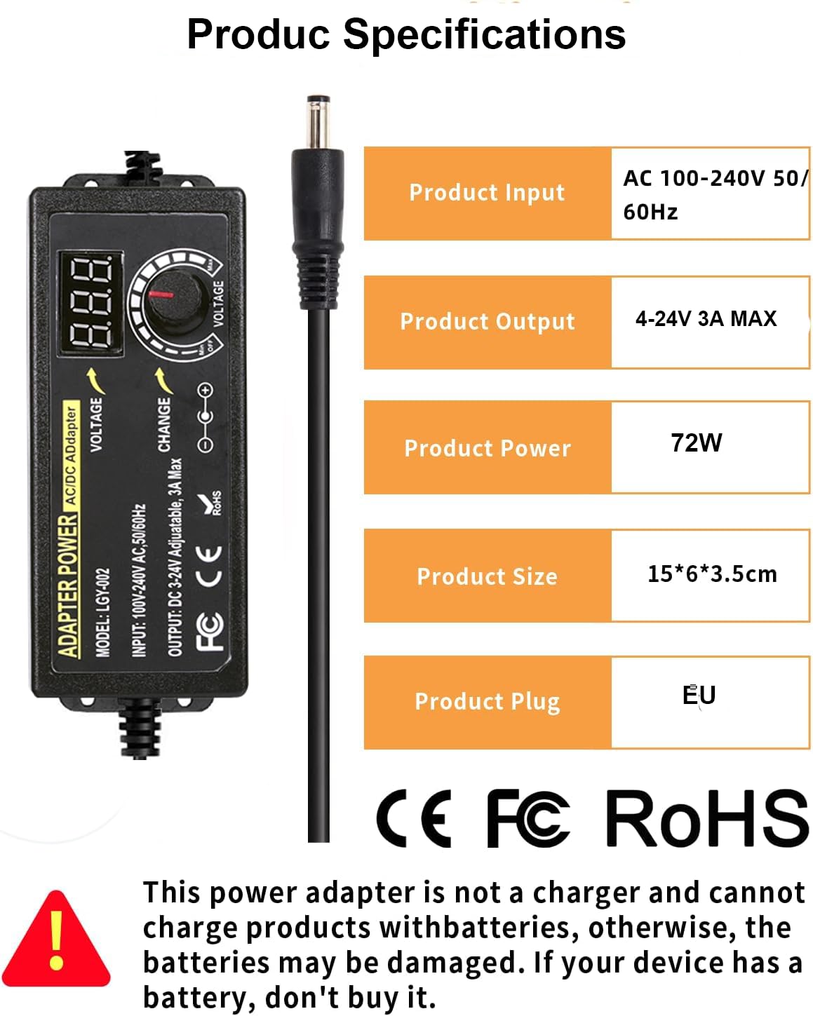 Alimentatore Universale, 3-24V Caricabatterie Universale, 3A, 72W Adattatore di Alimentazione Regolabile 100 V-240 V AC a DC con Indicatore di Tensione LED e 5,5 x 2,5 mm, 14 Consigli per Elettronica