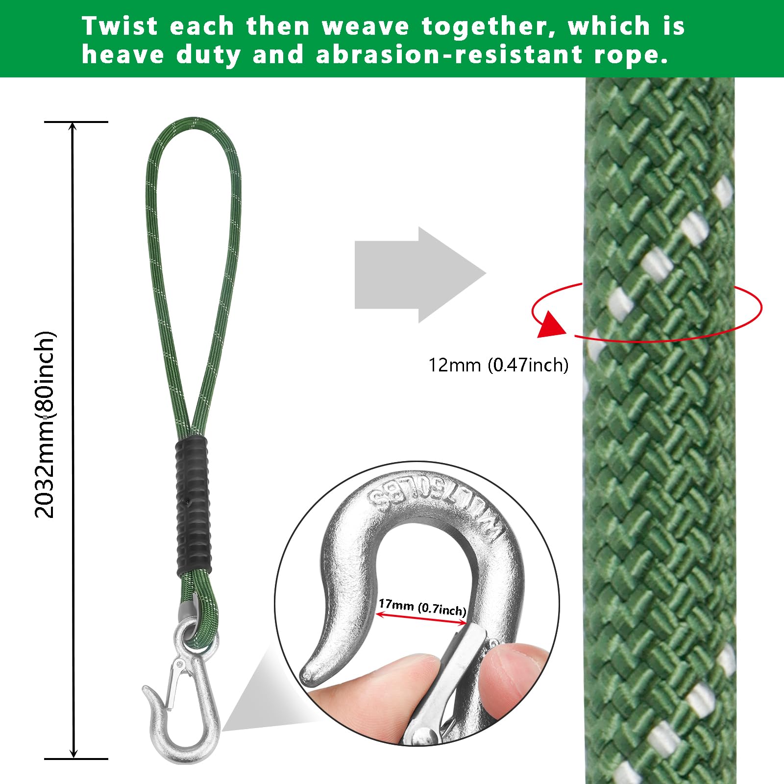 Corda di fissaggio per altalena, 2 m, altalena per albero di Natale, corda per amaca con gancio per poltrona sospesa, per interni ed esterni, per yoga, sacchi di sabbia, verde/450 kg di portata