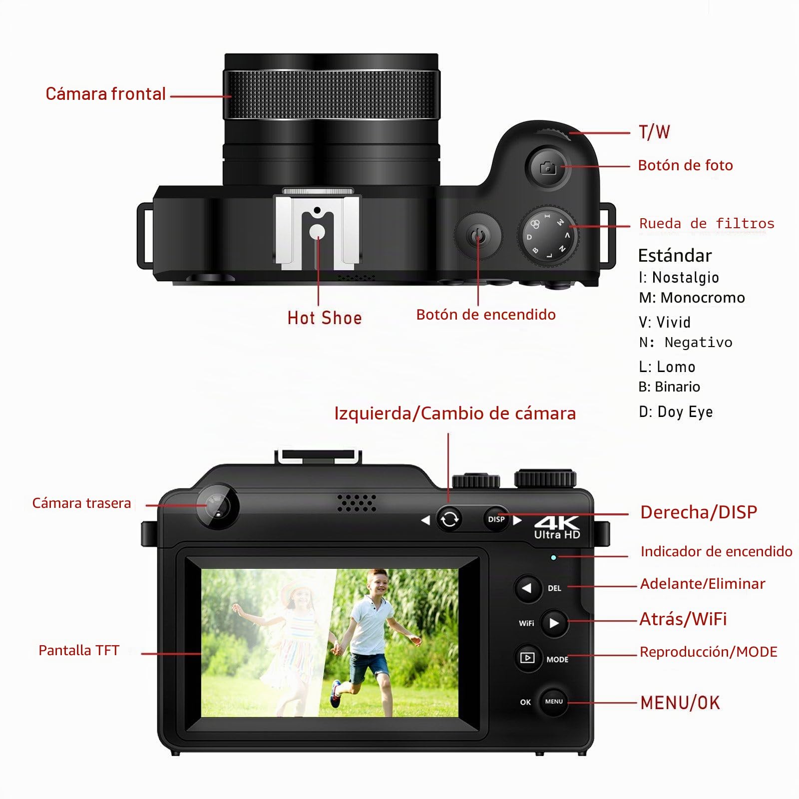 Cámara Digital CCN de 48 MP, 4K HD 1080p, 7 filtros de Color Integrados, Zoom Digital de 18x con cámaras duales (Frontal y Trasera), Tarjeta TF de 64 GB, Wi-Fi, Gris
