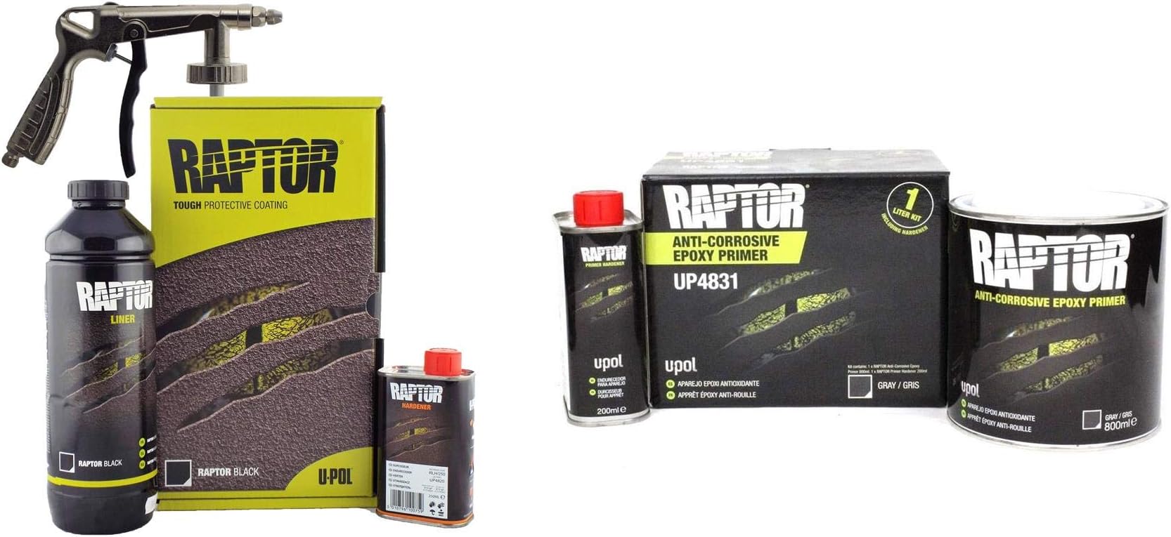 UPOL Raptor Black Truck Bed Liner Kit 1L + 1L Epoxy Primer Kit + Underbody Gun U-POL