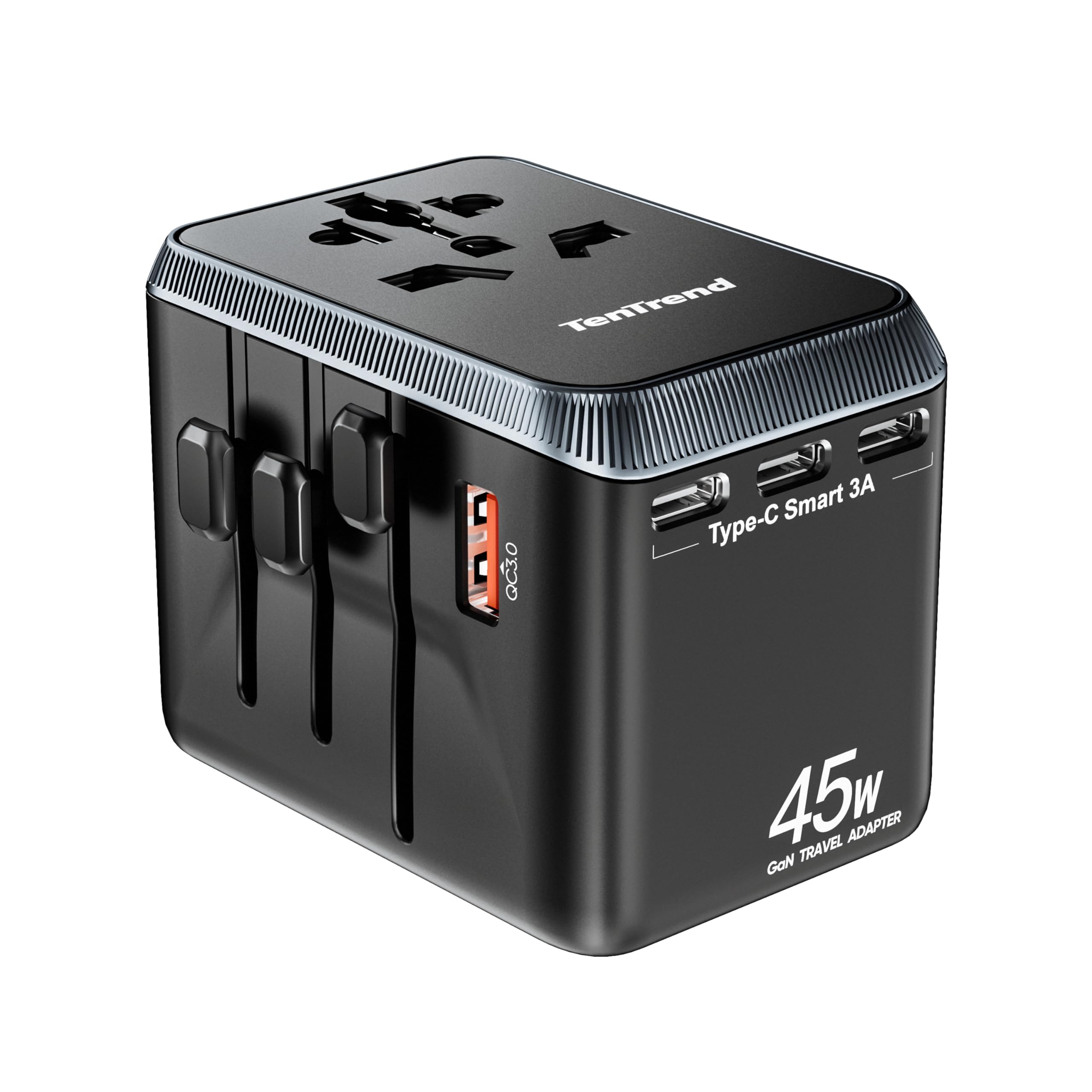 TenTrend - Adaptateur de voyage universel, adaptateur secteur international 45 W avec 4 ports USB-C et 1 port USB-A, adaptateur de prise de voyage européen, essentiel dans le monde entier