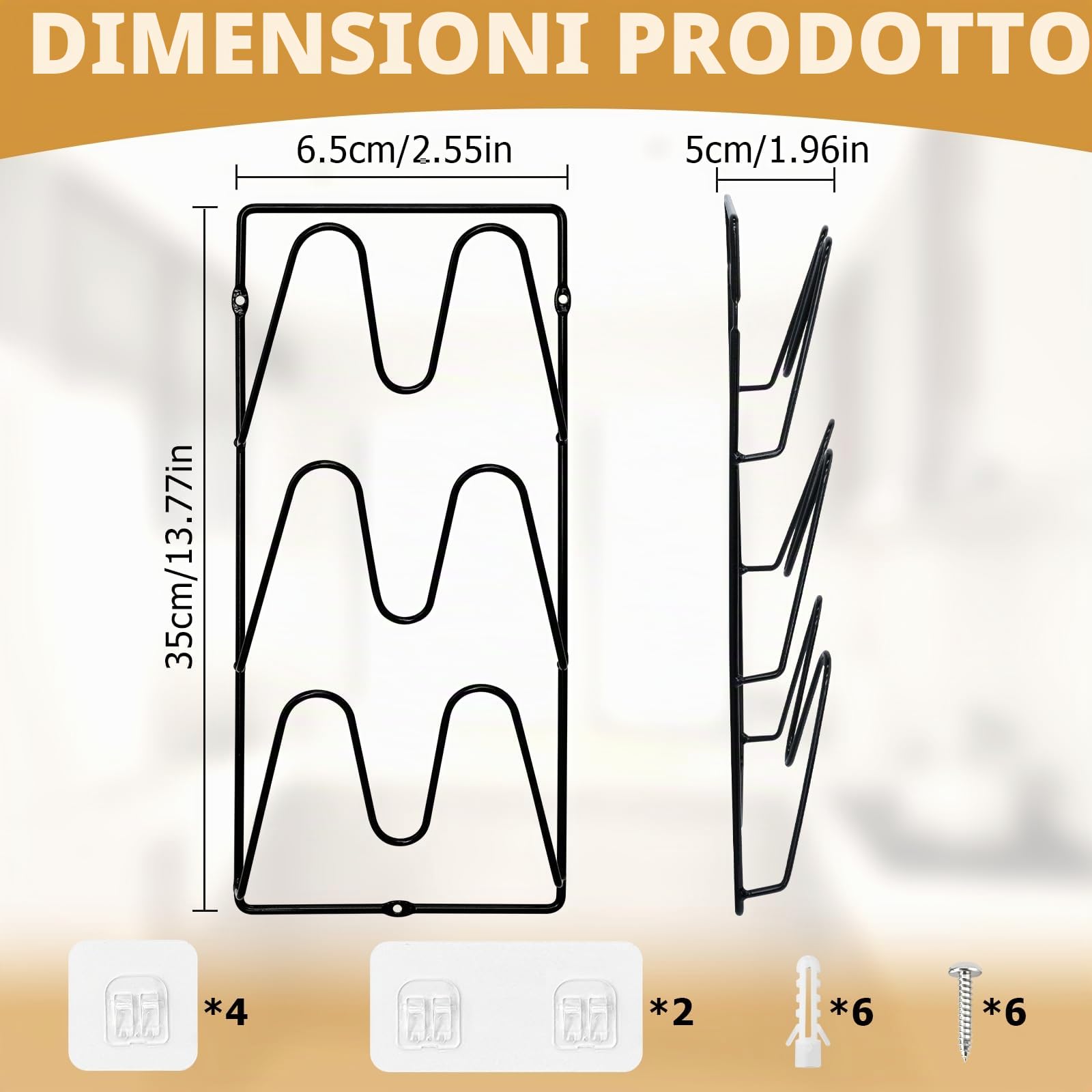 Confezione da 2 organizer per coperchi di pentole, 6 ripiani a V, da parete, con 6 adesivi, 6 chiodi e 6 tasselli in plastica per pareti, ante dell'armadio, sotto il lavandino (nero)