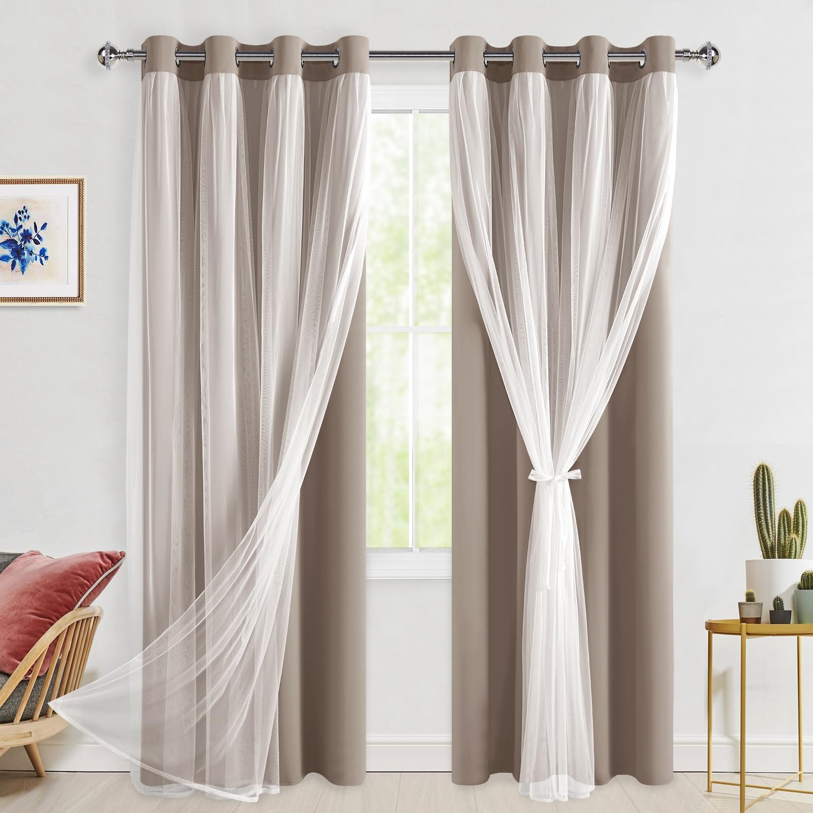 Hiasan Camel Blackout Curtains with Sheer Overlay, Grommet Thermal Insulated Privacy Mix & Match Double Layer Room Darkneing Curtains for Bedroom, Living Room, 2 Window Panels with Tiebacks, 52W X 84L