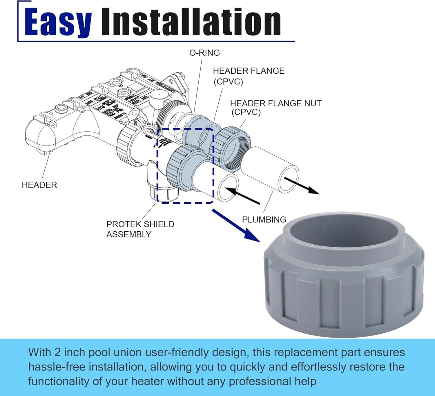 2 Pack PVC Connector with 2 Nut Heater Flange 006723F for Raypack Pool Heater Parts, 2 inches