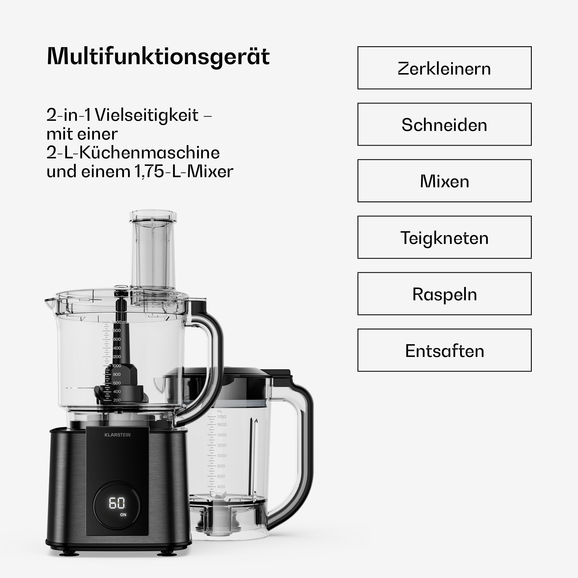 Klarstein Verosteel Küchenmaschine mit Mixer – 1200 W Multifunktions-Küchenmaschine, 2-Liter-Schüssel, 1,75-Liter-Mixer, 10 Geschwindigkeiten, 6 Programme, Entsafter & Fleischwolf