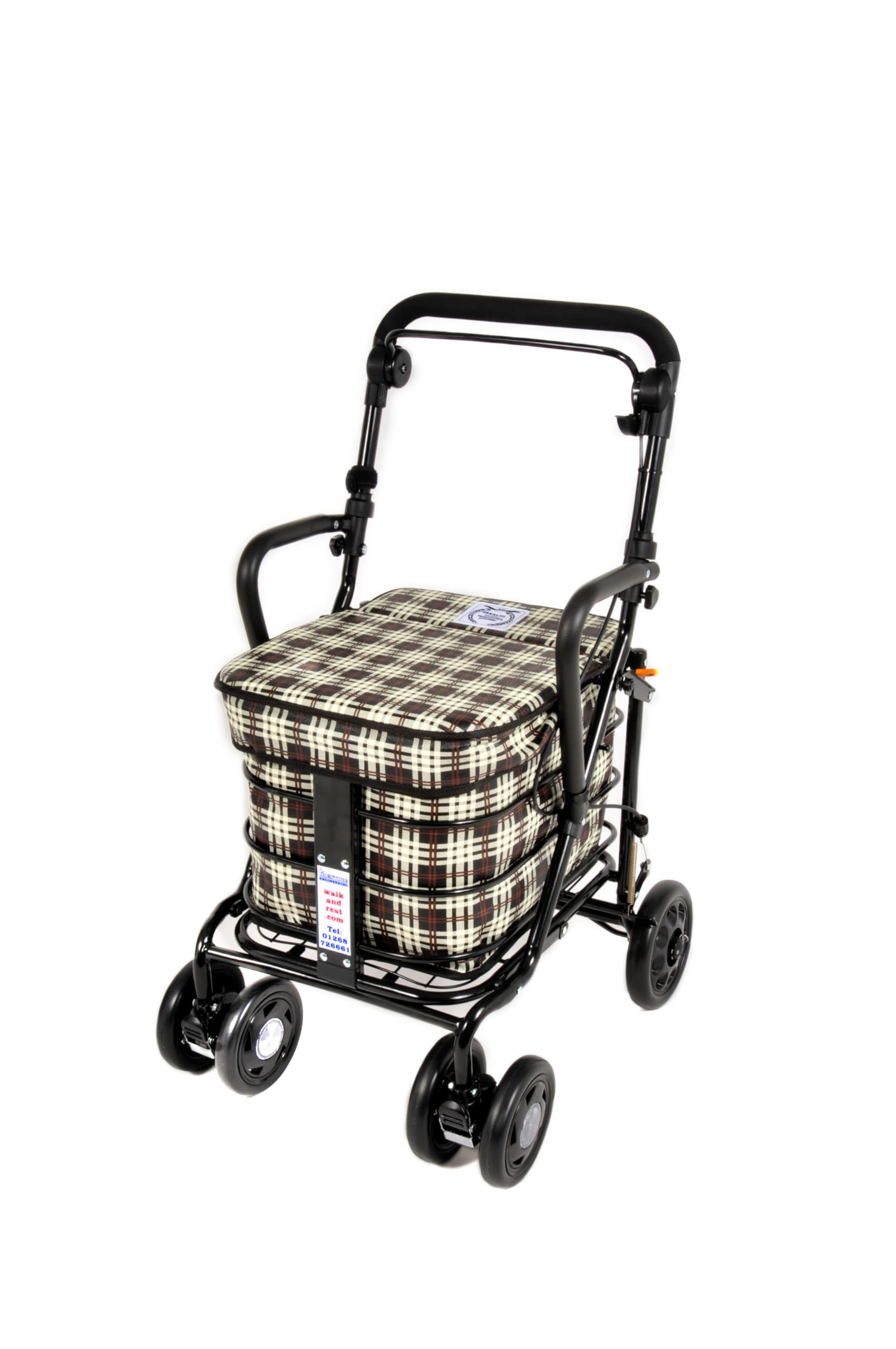 Walk And Rest Brown Tartan Prestige Shopping Trolley With Seat & Armrest/Walking Frame/Seated Mobility Trolley/Stroller/Walking Trolley (Fully Assembled In Uk Ready To Use!) Black Edition (Brown Tartan)