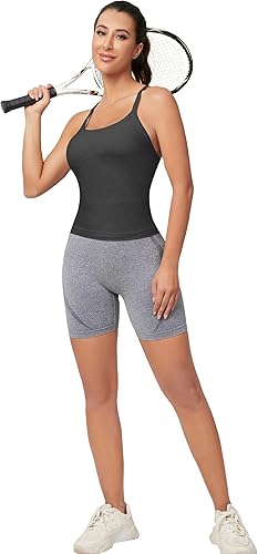 Miniatura 4 de MathCat Camisetas sin mangas de entrenamiento para mujer con brasier integrado, sin mangas, camisetas de gimnasio sin costuras con espalda cruzada