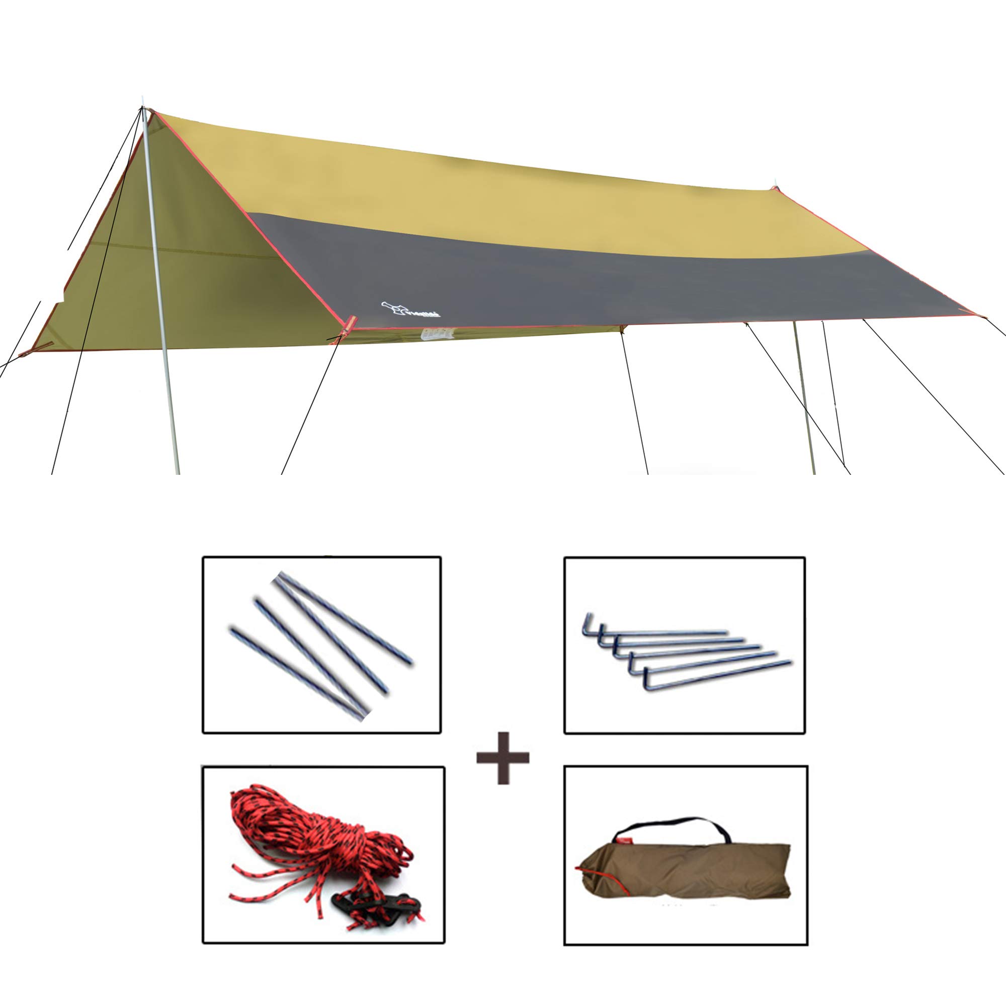 HIOD Bâche de Camping Tente de Mouche de Pluie Abri de Pluie Léger Coupe-Vent Imperméable, Pare Soleil Portatif pour la Randonnée de Voyage, 3M X 3M,