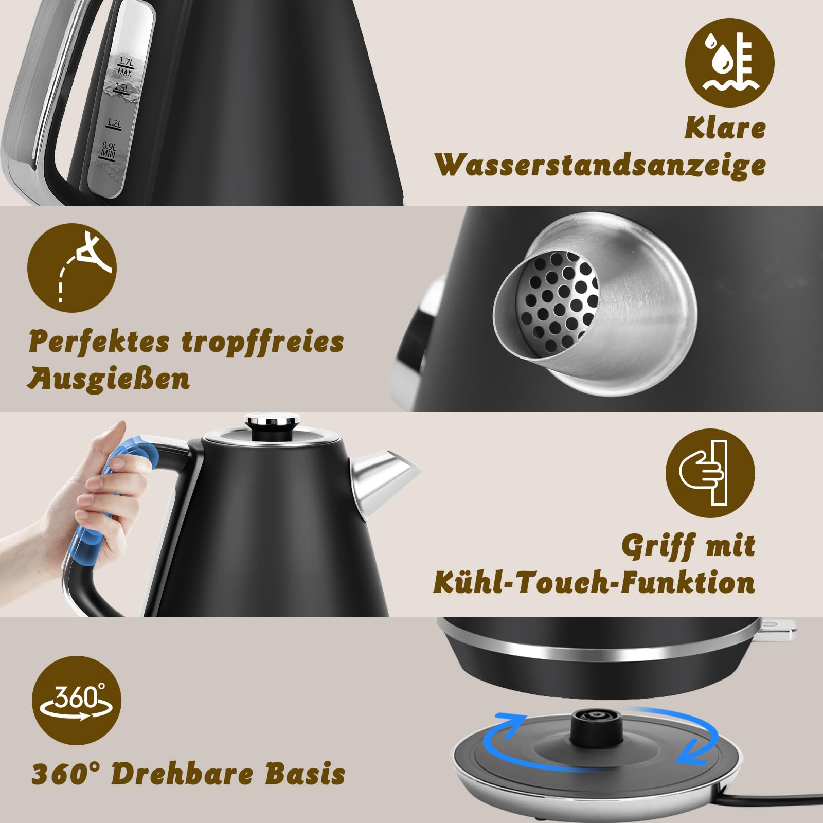 Taylor Swoden Retro Wasserkocher 1,7L Mit Temperaturanzeige Edelstahl 2200W | Mit analoger Temperaturanzeige, beleuchteter Wasserstandsanzeige, Anti-Kalkfilter und Abschaltautomatik