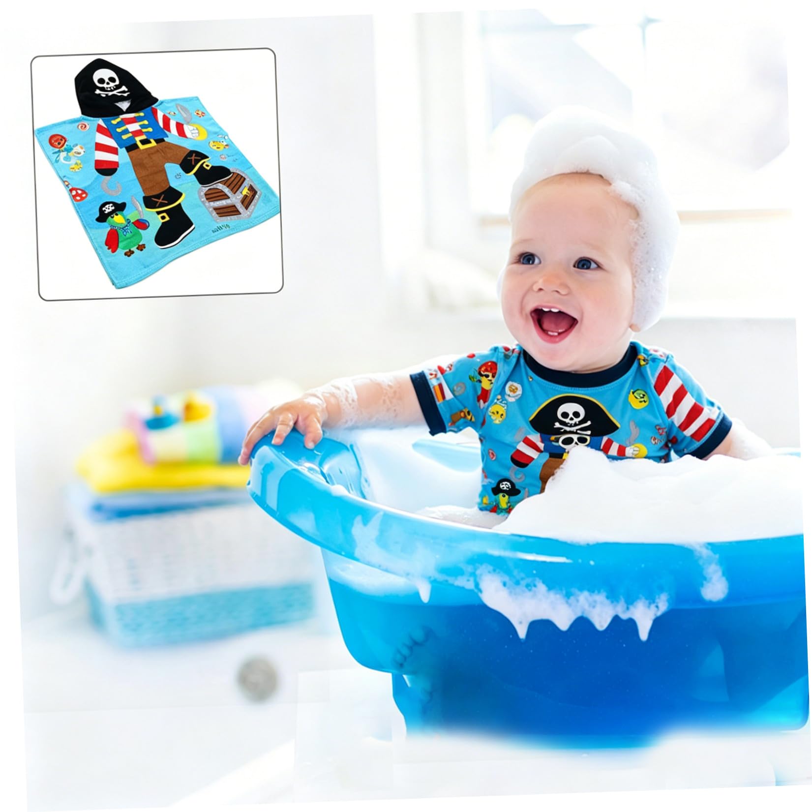 Kinderhandtuchbad mit Kapuze aus Weicher Baumwolle Saugfähiges Kinderbadetuch mit Niedlichem Piratenkapitän Design für Sommerfest