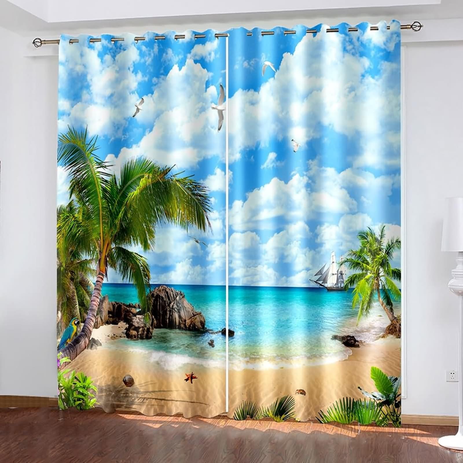 Zasłona łazienkowa na okno, nieprzejrzyste zasłony retro niebieskie zielone brązowe niebo ptaki palmy kokosowe morze krajobraz poliester zestaw 2 sztuk 172 x 138 cm