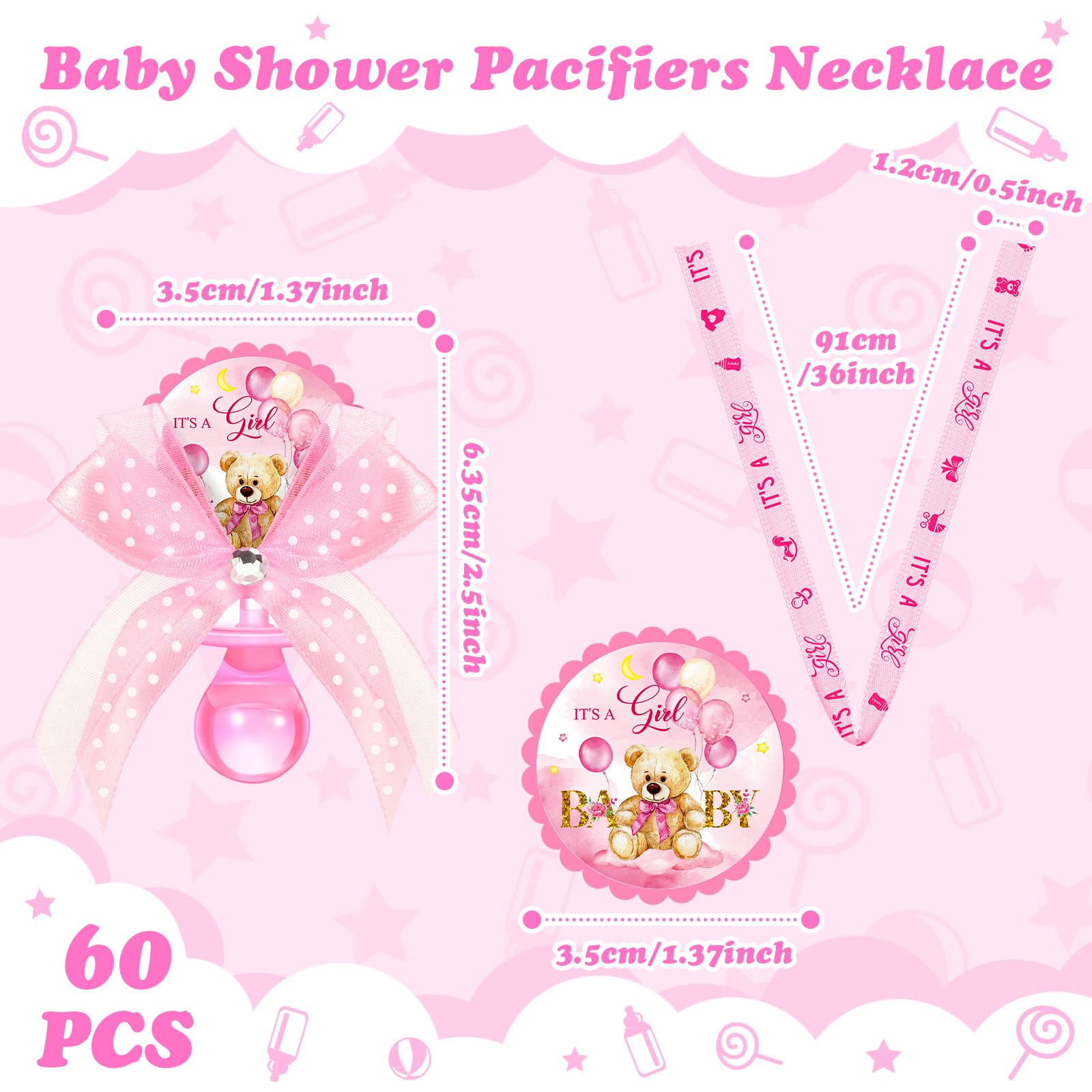 Threlaco 60 Pcs Baby Shower Pacifier Necklace Cute Bear Acrylic Party Favors Charm Pacifier Necklace for Baby Shower Party Decoration Table Pieces(Pink)