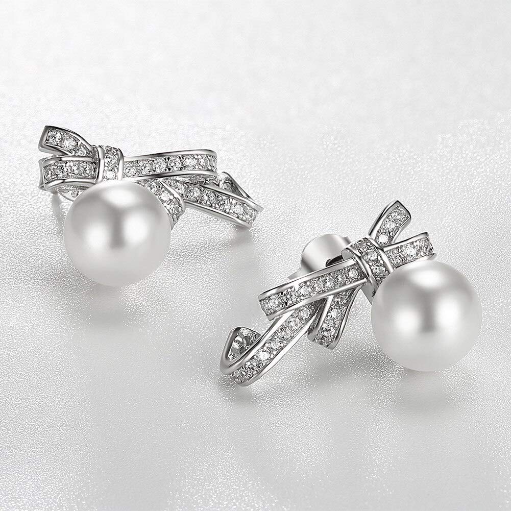 Wunderschöne Kristalle aus 925er Sterlingsilber, Schleife, Perlen-Ohrstecker für Damen, Ohrringe, Schmuck