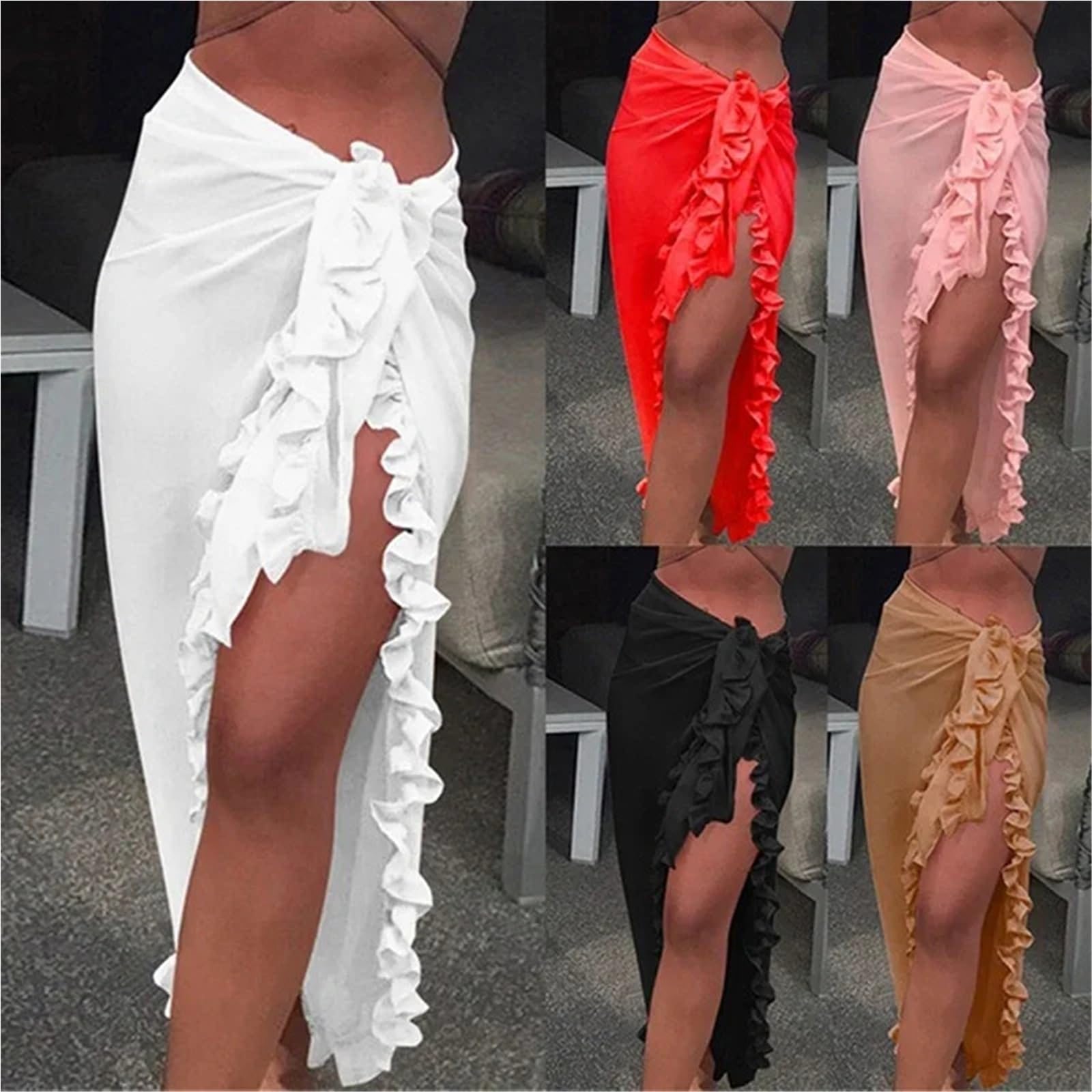 Damen Strand Bikini Cover Up Wickelschal Bademode Kleid Feste Rüschen Lässiges Strandkleid for Das Meer Für Urlaub