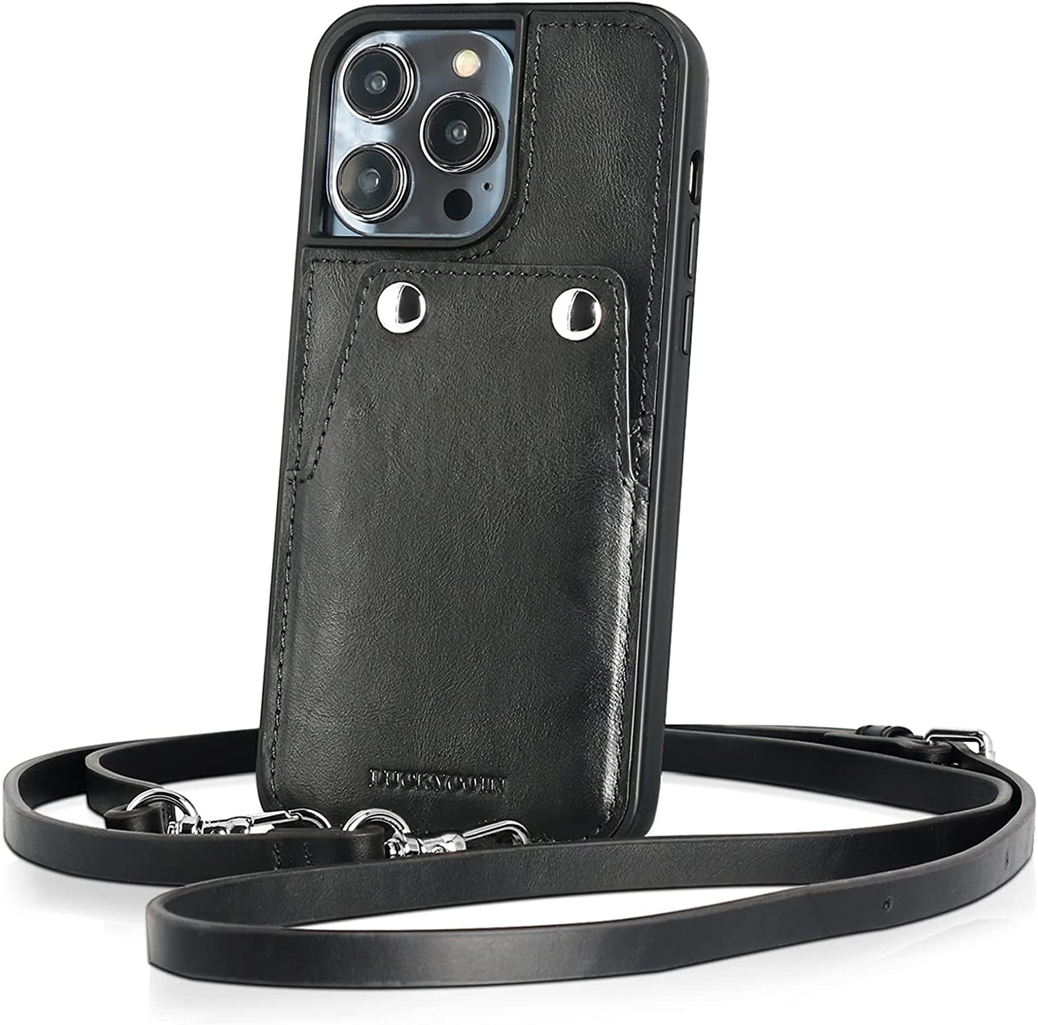 LUCKYCOIN iPhone 14 Pro Max Phone Case with Strap,Genuine Leather Crossbody iPhone Case for iPhone 14 Pro Max,iPhone 14 Pro Max Phone Case with Card Holder iPhone 14 Pro Max Crossbody Case 6.7''-Black