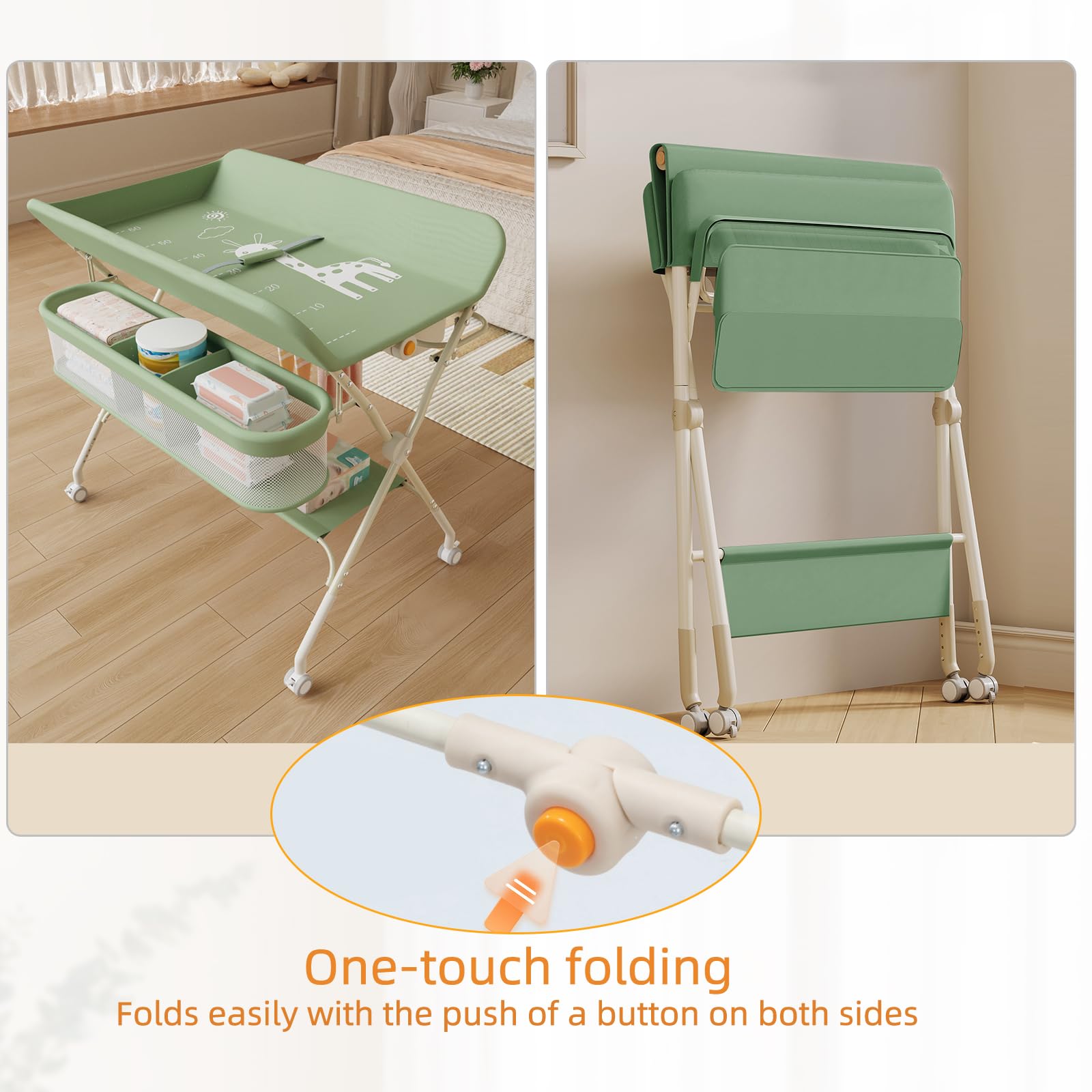 Wickeltisch mit Rollen, faltbar, tragbare Wickelunterlage, 5 verstellbare Ebenen, Aufbewahrungskorb zum Aufhängen für Neugeborene, für Kinderzimmer, 75 x 68 x 83 – 91 cm (A), Grün