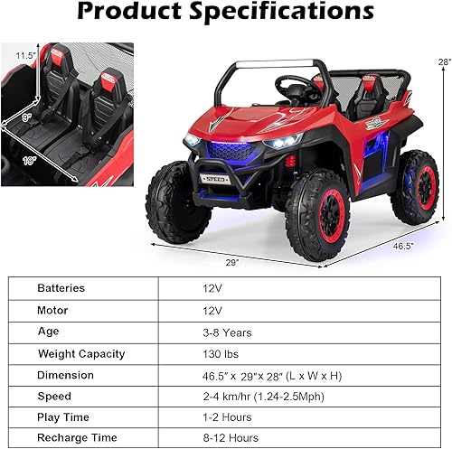 Miniatura 7 de HONEY JOY Auto de 2 plazas, camión de paseo a batería de 12 V con control remoto, suspensión de resorte, velocidad altabaja, almacenamiento, música,