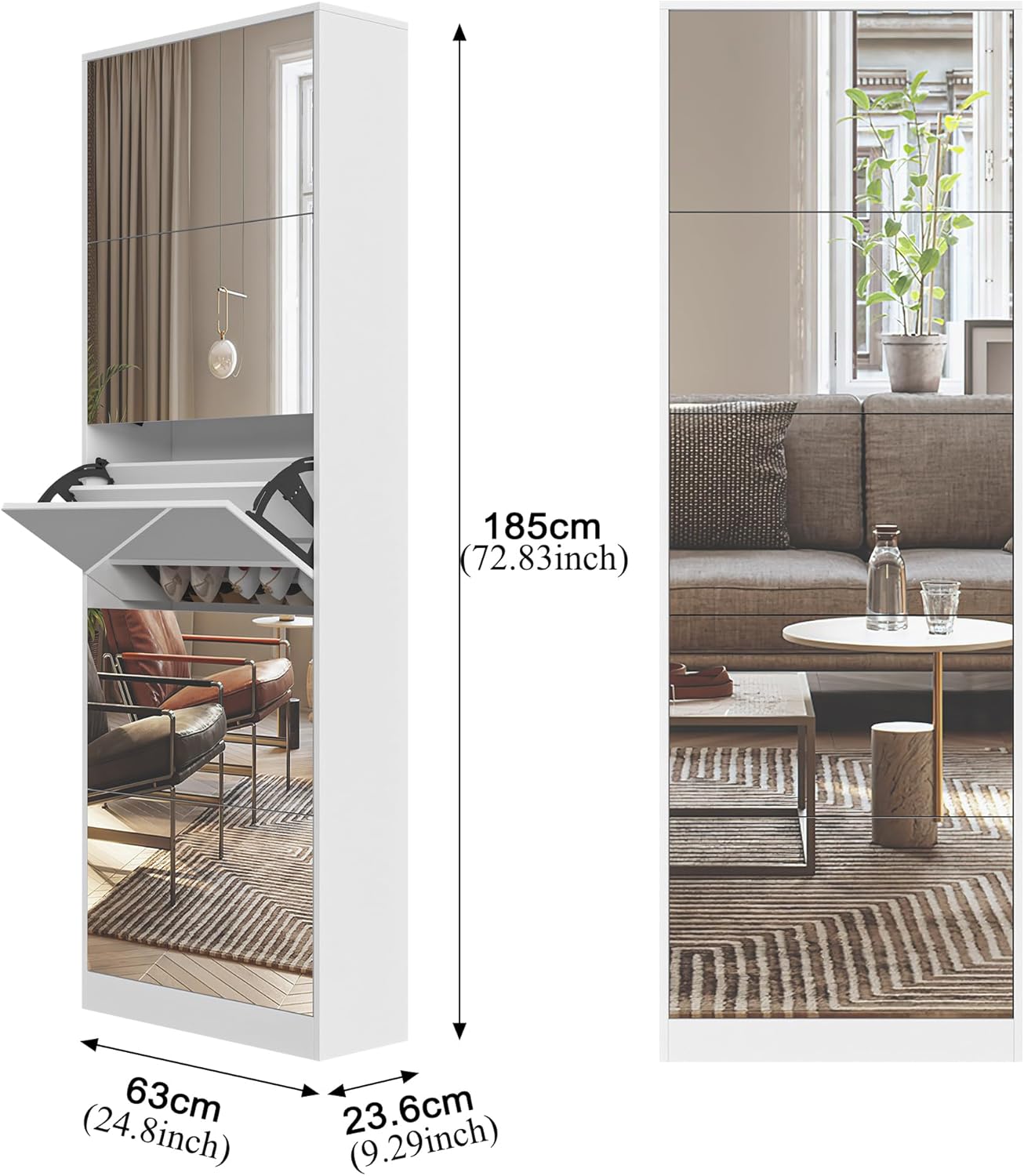 Diagram showing the overall dimensions of the Organizedlife Shoe Storage Cabinet: 72.83 inches (185cm) height, 24.8 inches (63cm) width, and 9.29 inches (23.6cm) depth.