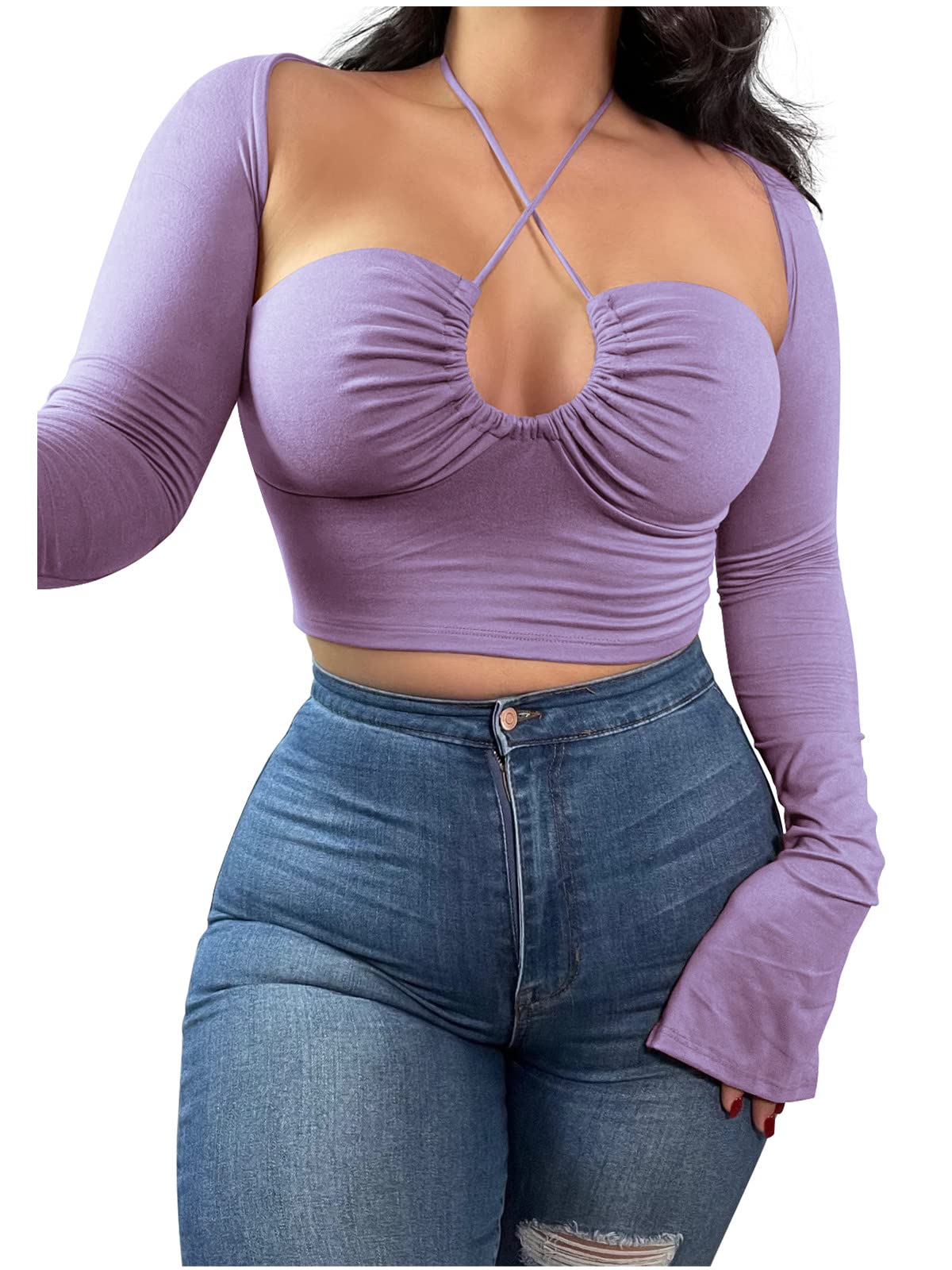 KERPELLY Women's Sexy Halter Criss Cross Tie Up Crop Top Basic Long Sleeve Cut Out T Shirt