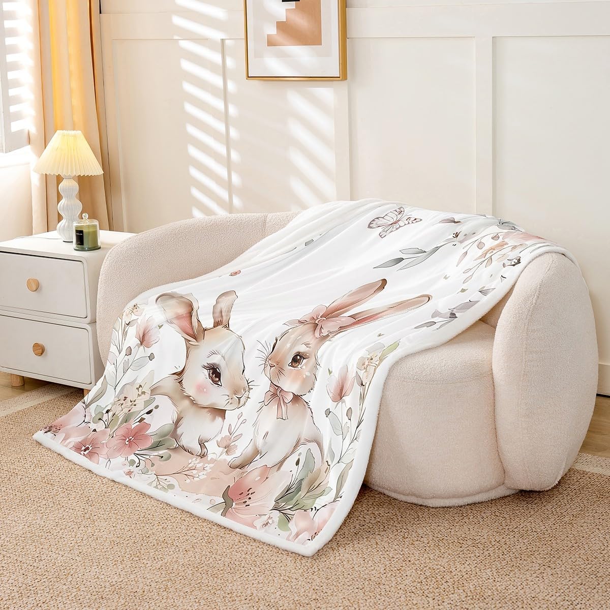 Erosebridal Pink Kawaii Rabbit Girls Queen 90"X90" Fleece Blanket Cartoon Animal Happy Easter Kids Sherpa Blanket Cute Easter Rabbit Throw Bed Blanket Watercolor Flowers Botanical Fuzzy Blanket