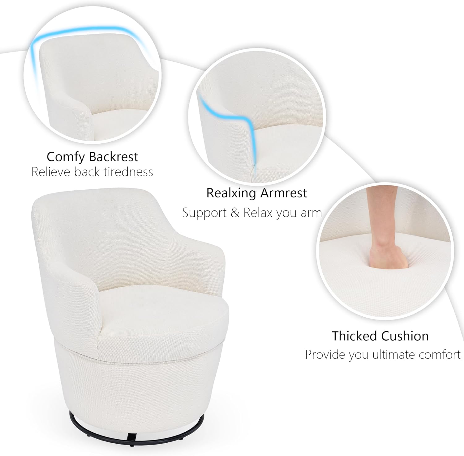 Swivel Accent Chair with Ottoman, Fabric Small Barrel Chair with Footstool, Modern Round Bedroom Chair for Living Room, Beige