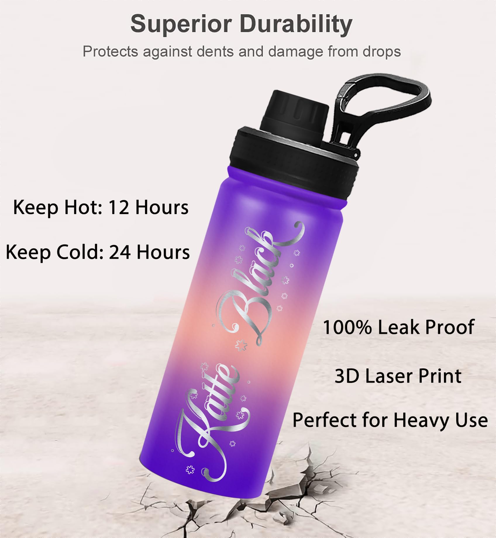 Personalized Stainless Steel Water Bottle With Name - Vacuum Insulated, 18oz/32oz, Spout & Straw Lids - View #5