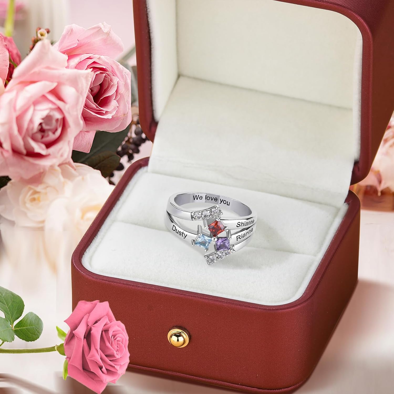 925 Sterling Silver Birthstones Rings for Women Personalized Mothers Rings with 1-9 Names Customize Names Engraved Family Rings for Mothers Grandmother