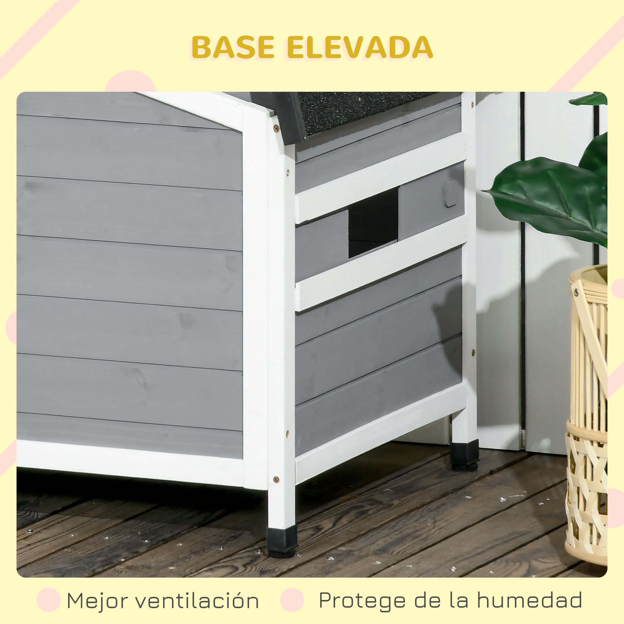 PawHut Caseta para Perros Exterior Casa para Perros Pequeños con Techo Asfáltico Abatible 2 Ventanas Puerta con Cortina y Base Extraíble 97x72x65 cm Gris