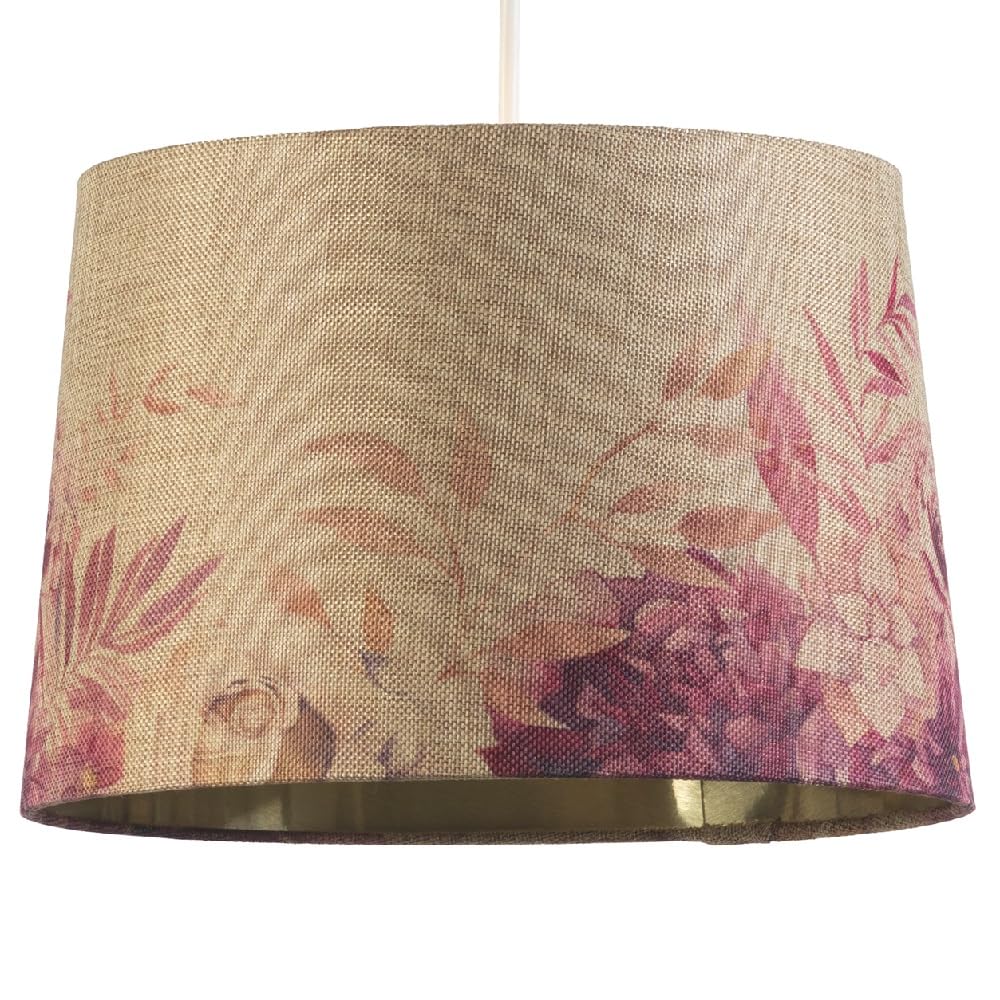 Beige Linen & Roses Design Vintage Easy Fit Round Tapered Drum Shade | Gold Inner Hard Lined | 30cm Diameter (12") | Reversible Gimbal | Pendants & Table Lamps | Fits Lampholder Type E14 E27 B15 B22