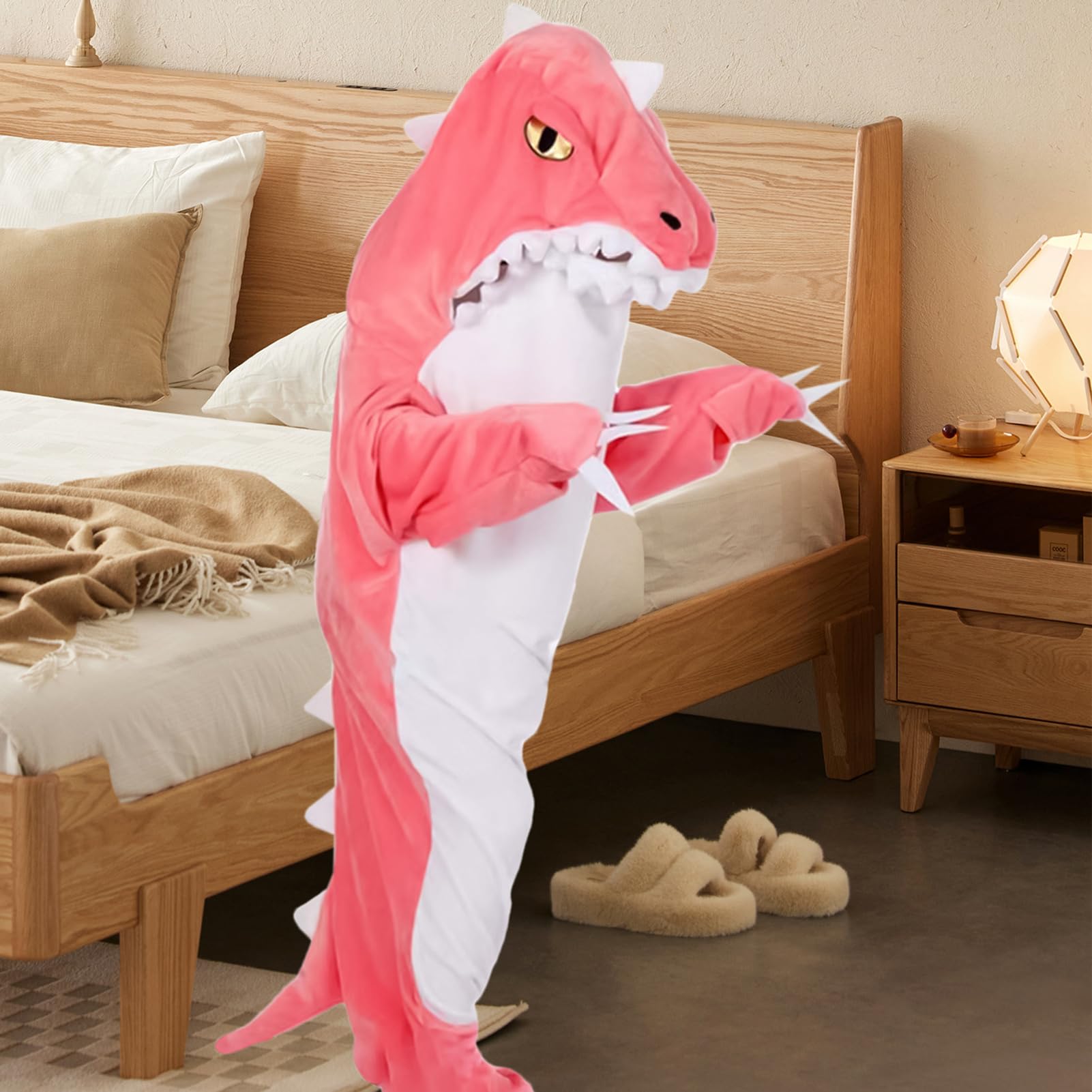 Kostium Dinozaura dla Dorosłych Miękka Flanelowa Bielizna Nocna | z Kapturem w Zwierzęcym Dinozaur Na Imprezę Bożonarodzeniową Halloween Paradę Mężczyzna Chłopak Dziewczyna