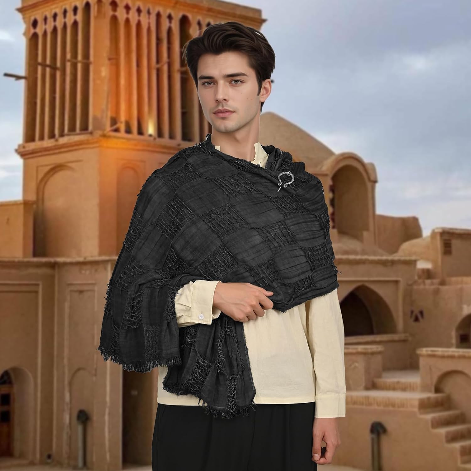 Wrap Dune Hooded Shawl Medieval Cloak Renaissance Costume Cape Shaman Cowl With Viking Brooch - Image 6