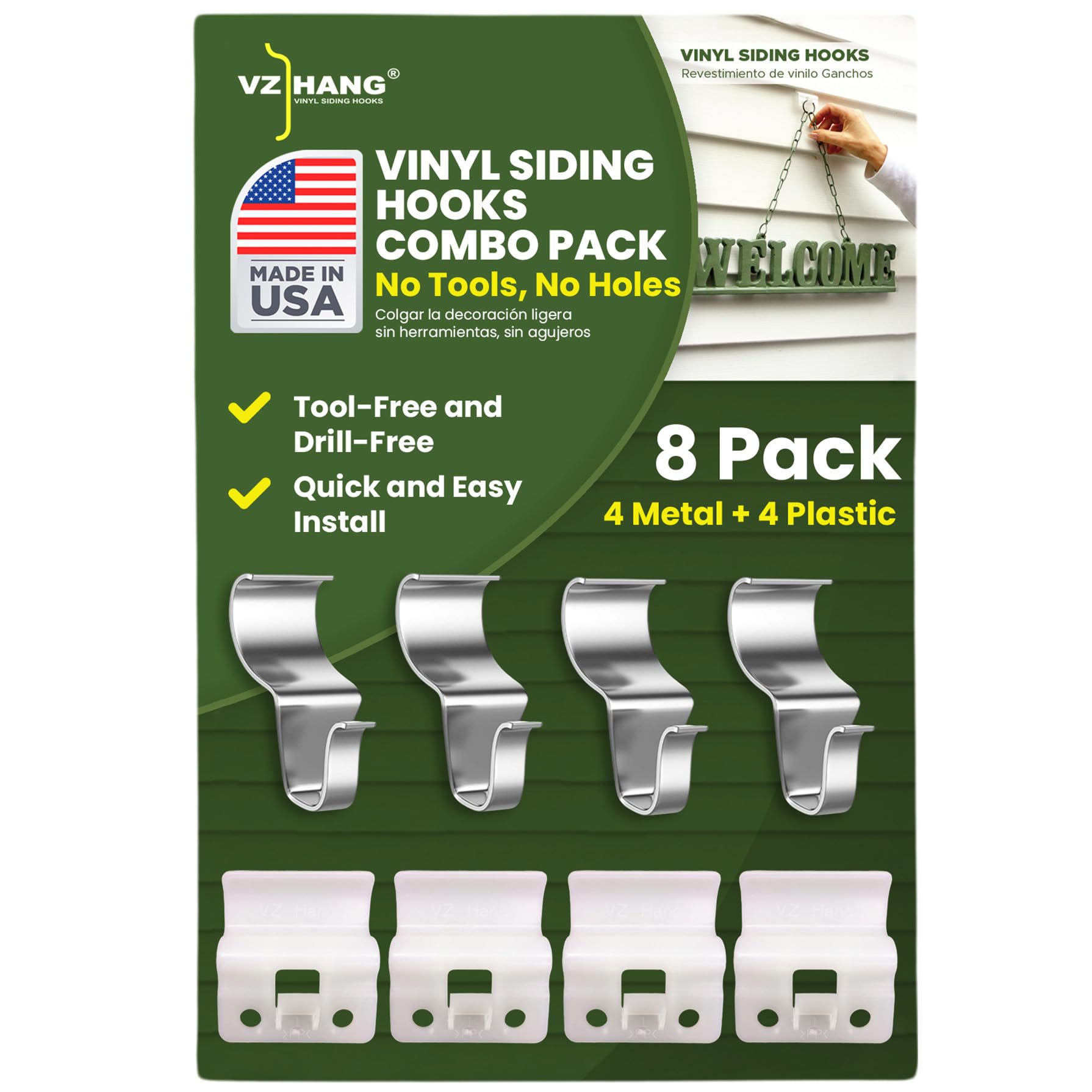 VZ HANG Vinyl Siding Hooks for Outdoor Hanging - No Hole Stainless Steel and Plastic Hangers for Decoration, Porch, Balcony, Wall, Patio, Gazebo,