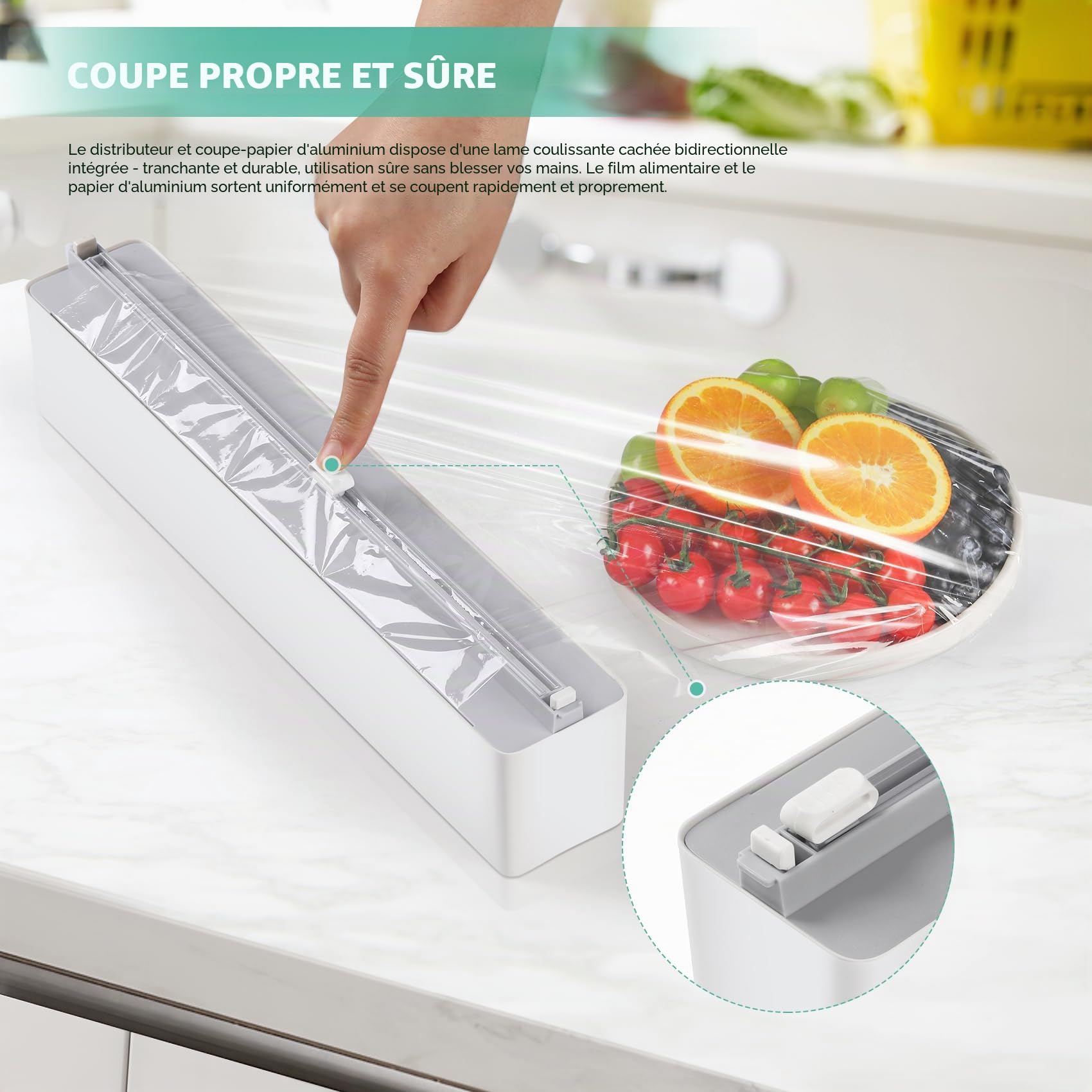 Derouleur Film Alimentaire avec Coupeur - Magnétique et Murale sans Percer, Distributeur Papier Aluminium et Film - Organisateur de Cuisine Gain de Place - Rouleaux Jusqu'à 31cm, Blanc
