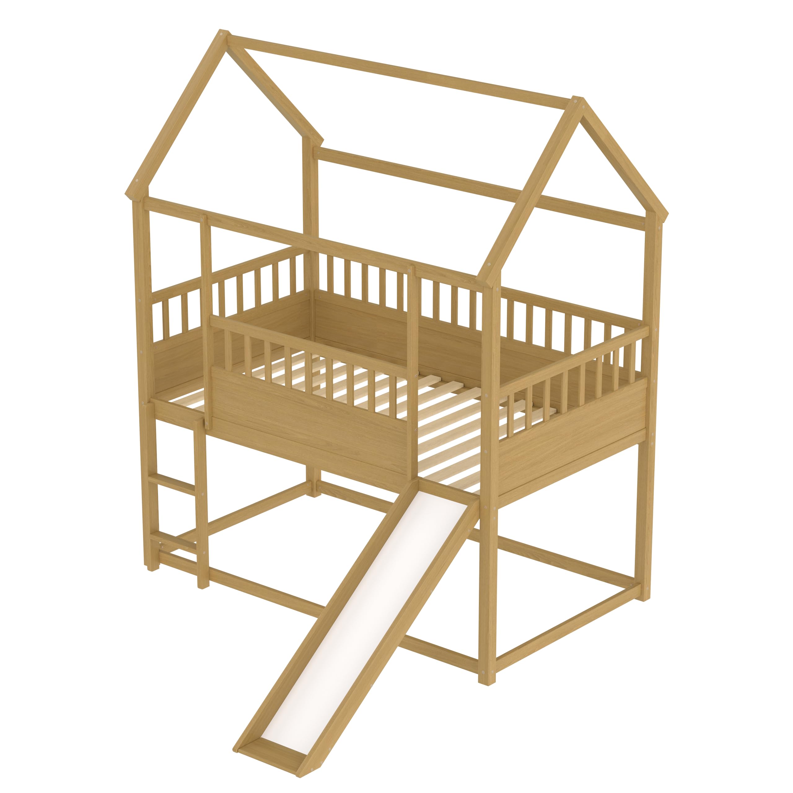 KT Rolster Twin Over Twin Low Bunk Bed with Convertible Slide and Ladder, Twin Wooden House Bunk Bed with Safety Guardrail, Floor Bunk Bed with Roof for Kids Girls Boys, No Box Spring Needed, White