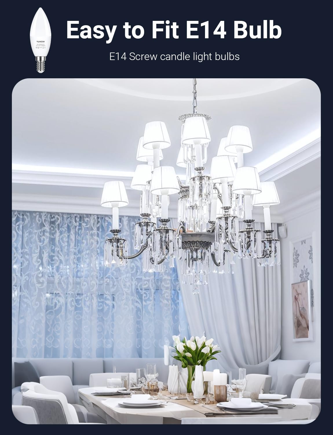 YUWDW E14 LED Light Bulb,Cool White 6000K,6W (60 Watts Equivalent) SES LED Candle Bulbs Small Screw,Energy Saving Edison Screw Light Bulbs,550 Lumen Candle Light Bulbs,Non-Dimmable,Pack of 6 - Image 4