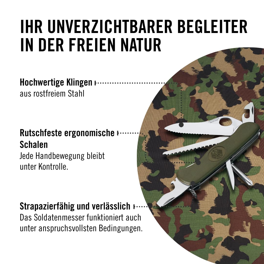 Victorinox Schweizer Taschenmesser Trailfinder, Soldatenmesser, 10 Funktionen, Multitool mit Einhandklinge, Dosenöffner, Schraubendreher, Grün