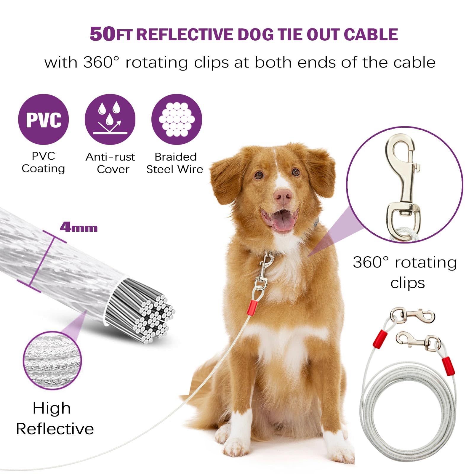 Um 360 ° drehbares Kabel und Pfahl für Hunde, 15 m lange Hundeleine und Pfahl, rostfrei, für kleine, mittelgroße und große Hunde – Petfect für Gras, Hof, Camping, Outdoor