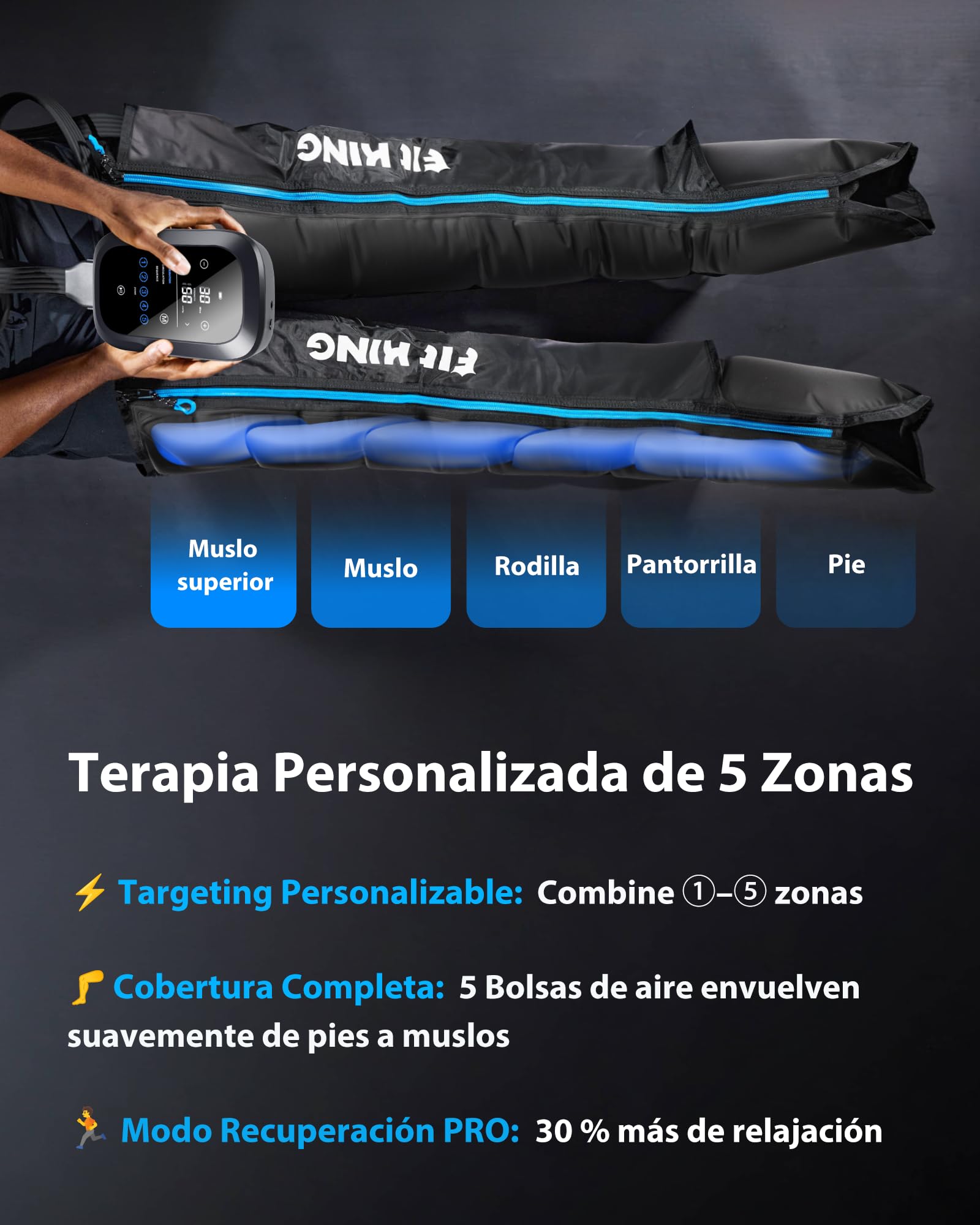 FIT KING Botas de Presoterapia para Piernas Recargables Masajeador Inalámbrico con Compresión de 5 Zonas para Alivio del Dolor Muscular, Mejora de la Circulación y Recuperación Rápida (S)