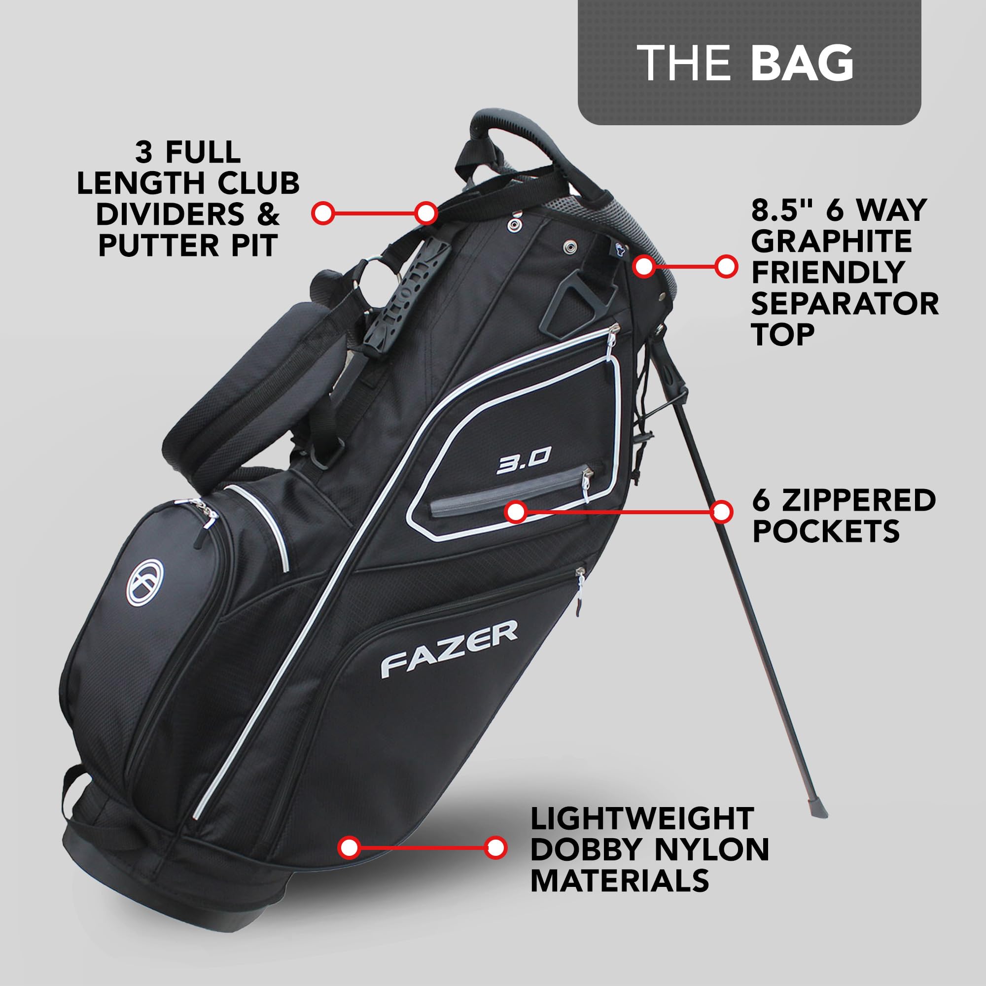 FAZER Bolsa de golf ligera 3.0 con un divisor de palos de 6 vías, separadores de palos de longitud completa y 6 bolsillos con cremallera, bolsa de nailon duradera para un transporte y almacenamiento