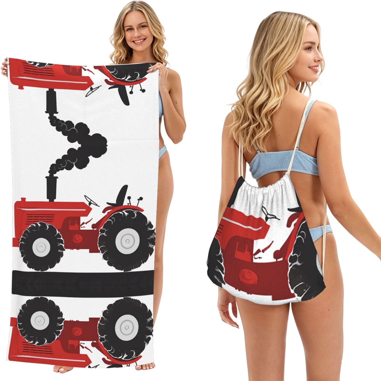EZDLOWVBA Cartoon Tractor Print Beach Towel Backpack 2 In 1 Summer Large Lightweight Beach Towel - Multifunctional Ship Pattern Towel Bag For Storage,Sport