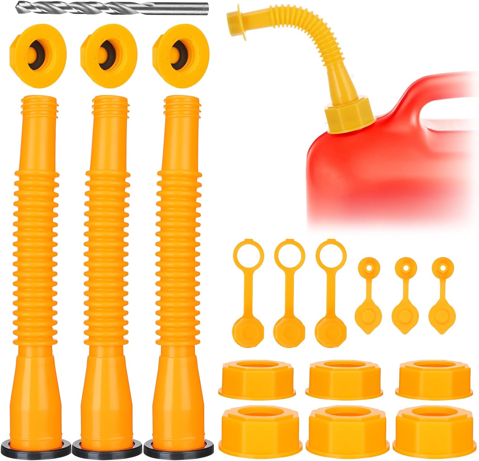 PAMASEGas Can Spout Replacement - 3 Kit Fuel Can Tank Nozzle with Gasket for 1/2/5/10 Gal Oil Cans, Easy to install, Durable Anti-Spill with Screw Collar Caps, Spout Cover, Base Cap, Drill Bit