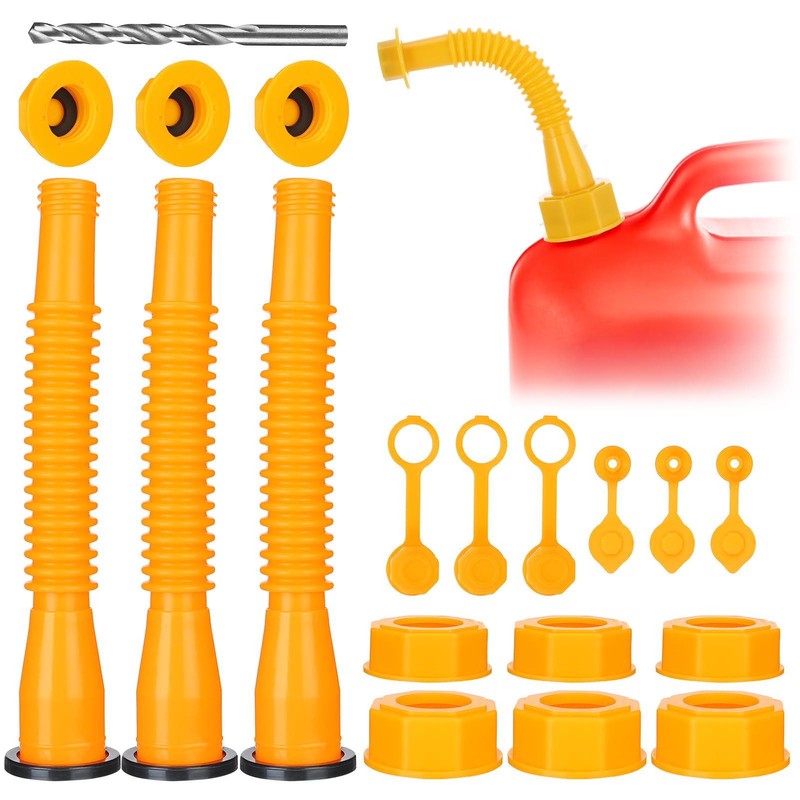 PAMASEGas Can Spout Replacement - 3 Kit Fuel Can Tank Nozzle with Gasket for 1/2/5/10 Gal Oil Cans, Easy to install, Durable Anti-Spill with Screw Collar Caps, Spout Cover, Base Cap, Drill Bit