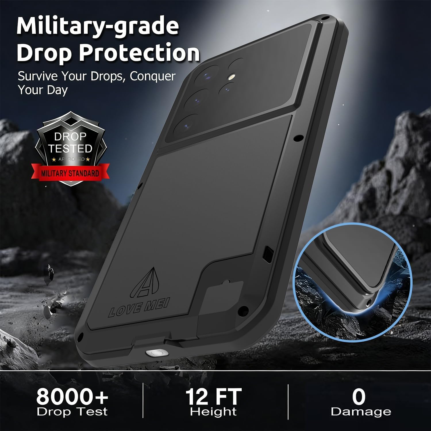 LOVE MEI for Samsung Galaxy S26 Ultra Case,Outdoor Sports Military Heavy Duty Metal Shockproof Dustproof Full Body Case with Built in Tempered Glass Screen Protector (Black, S26 Ultra)