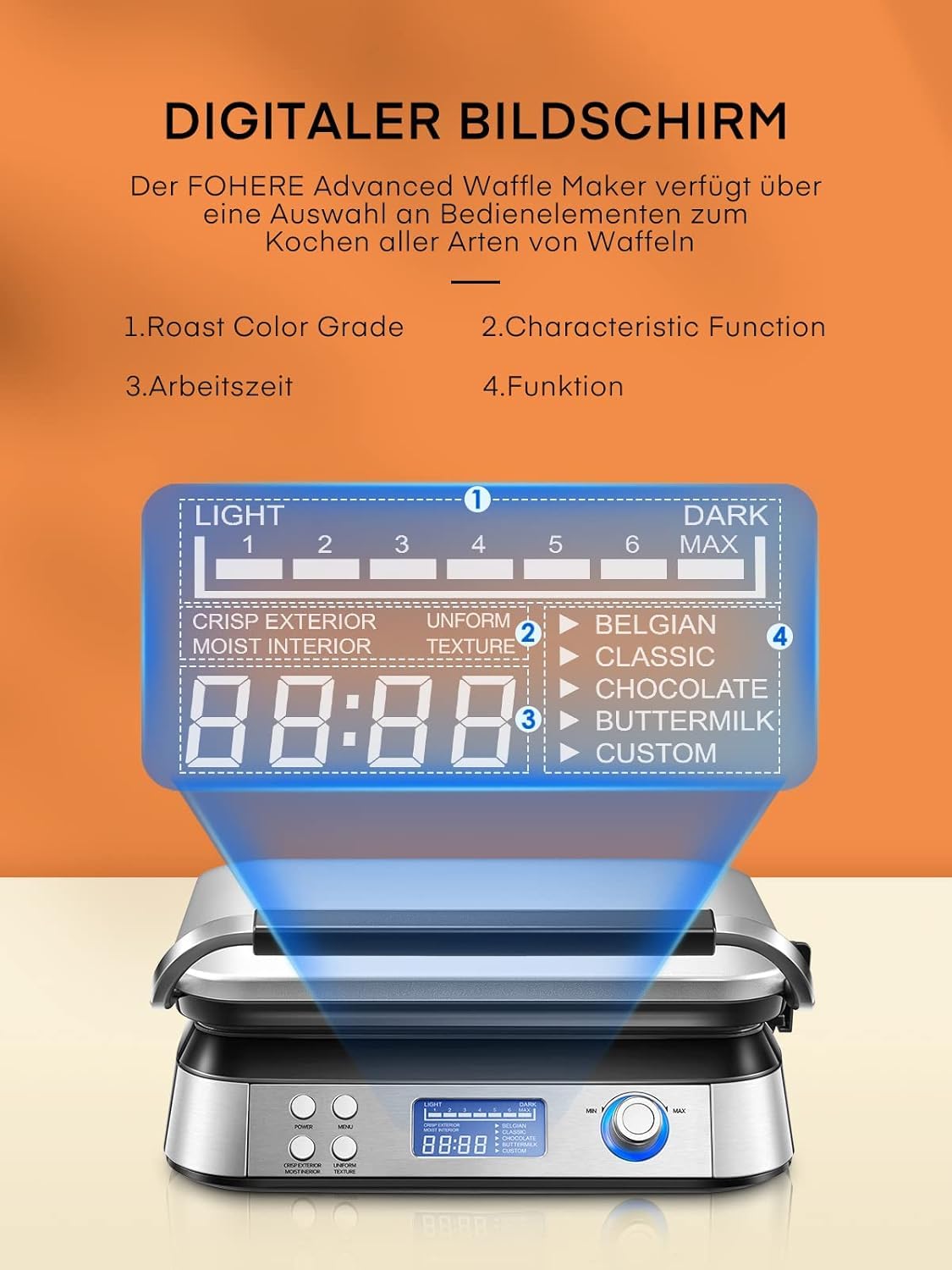 Gofrownica o mocy 1600 W, odpowiednia do przygotowywania gofrów belgijskich, 5 programów, 7 poziomów pieczenia, wyświetlacz LCD, timer, pojemnik przelewowy, bardzo głęboka płyta grzewcza.